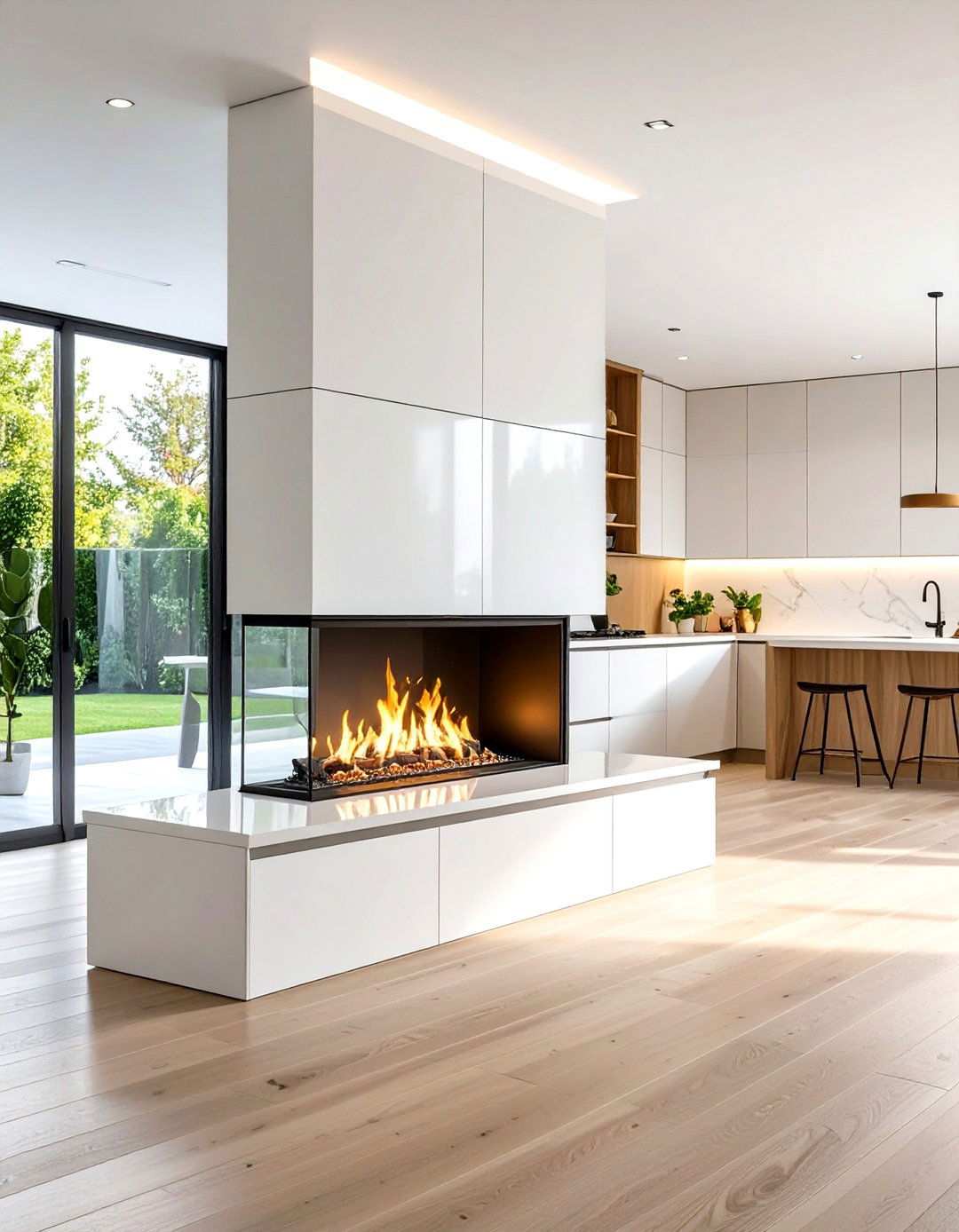 Modern Linear Gas Kitchen Fireplace - 24 Kitchens With Fireplaces