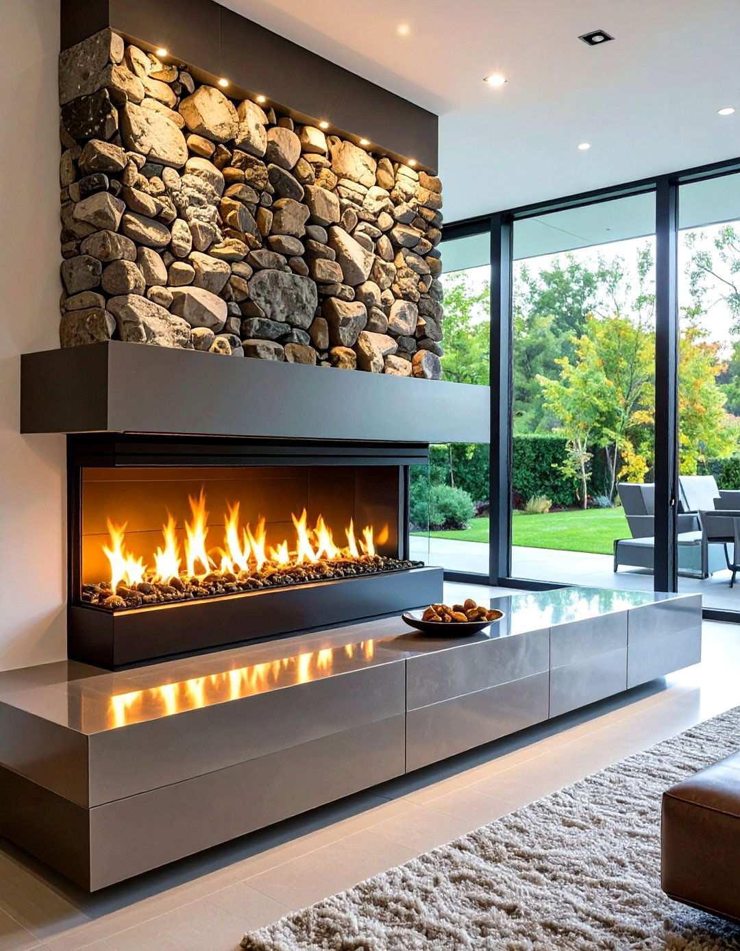 Modern Linear River Rock Design - 24 River Rock Fireplace Ideas