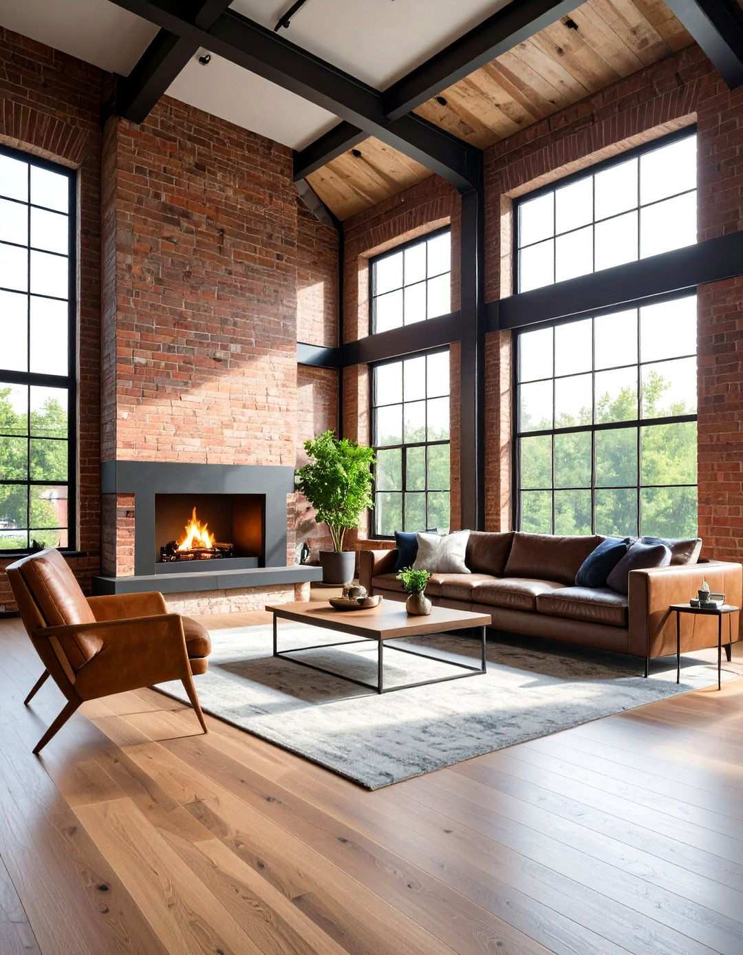 Modern Loft Fireplace with Exposed Brick and Steel - 24 Modern Fireplace Ideas