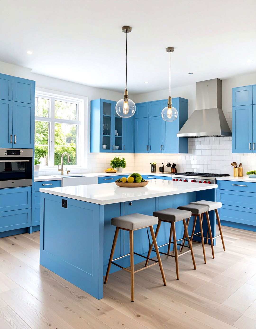 Modern Minimalist Powder Blue Island - 24 White Kitchen Cabinets With Blue Island