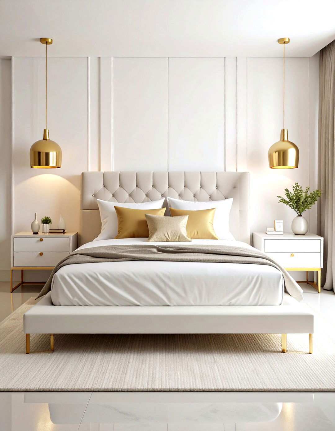 Modern Minimalist White Bedroom with Gold Hardware - 24 White and Gold Bedroom Ideas