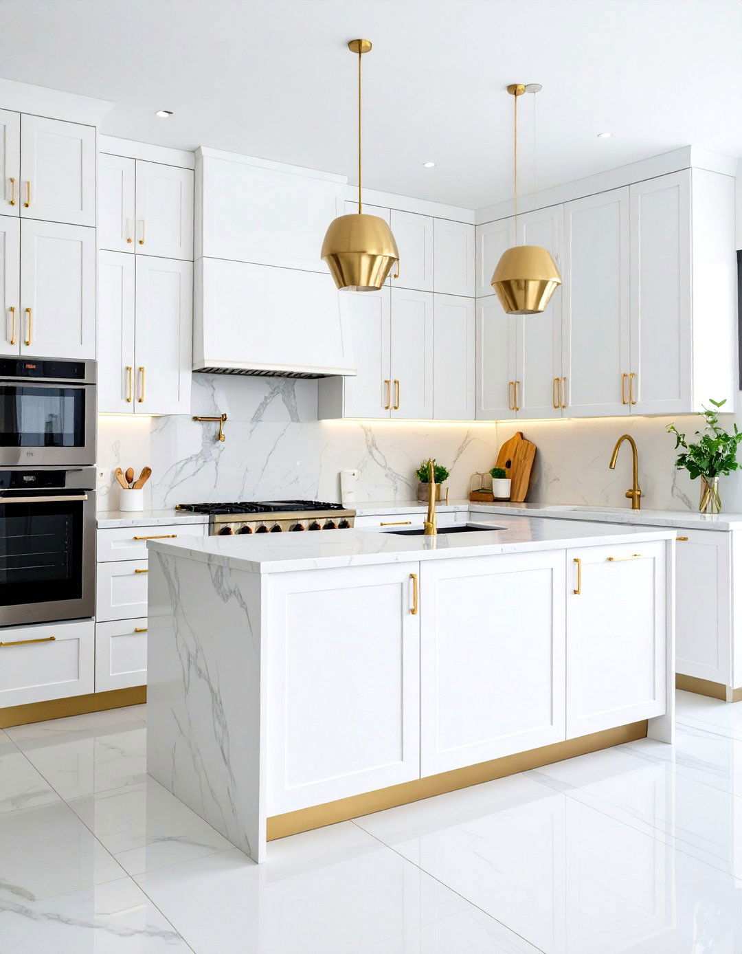 Modern Minimalist White Flat Panel Cabinets with Matte Gold Hardware - 24 White Kitchen Cabinets With Gold Hardwar