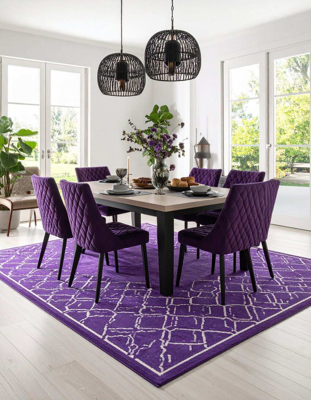 Modern Purple Geometric Rug Focus - 24 Purple Dining Room Ideas