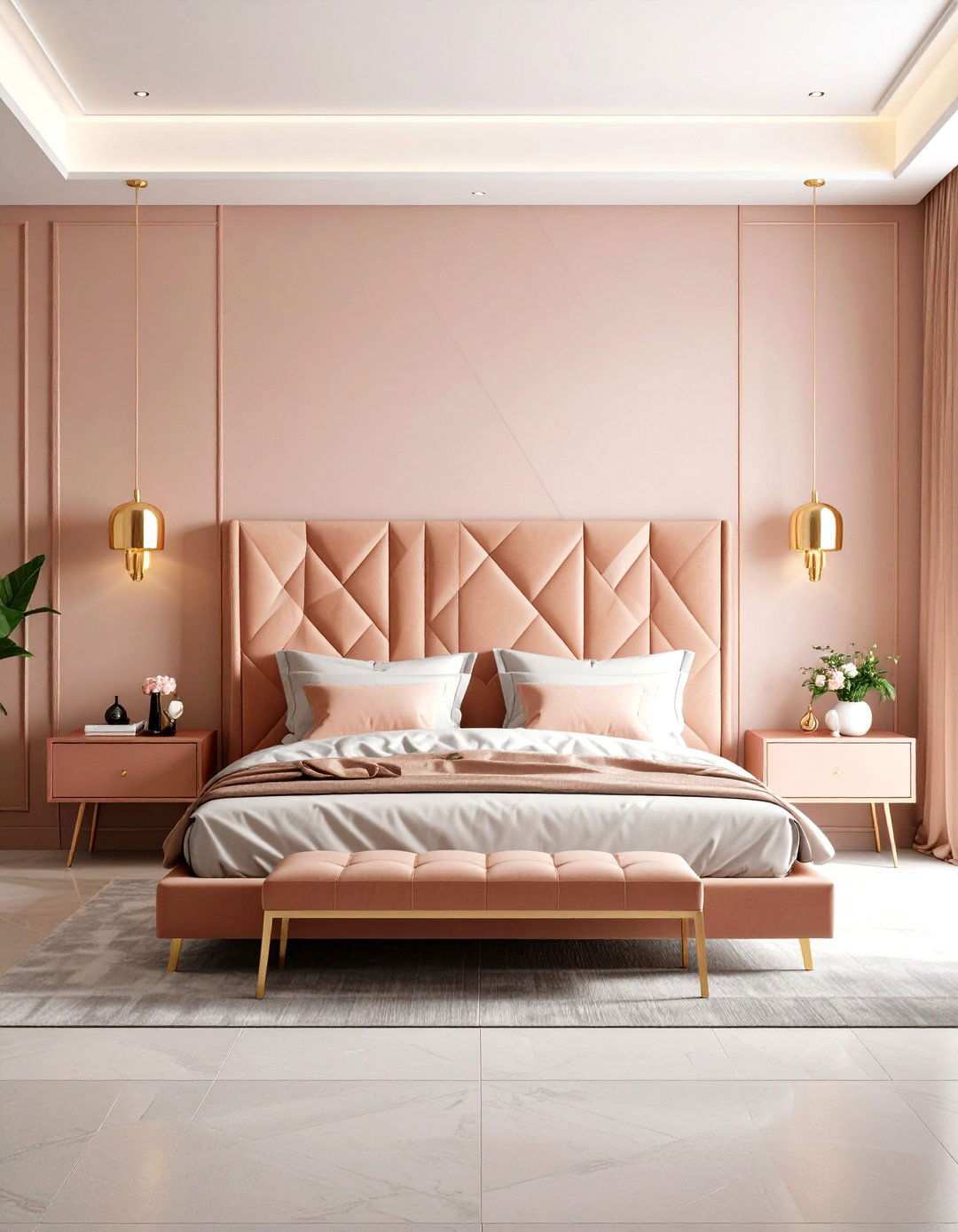 Modern Rose Gold Bedroom with Geometric Patterns - 24 Rose Gold Bedroom Ideas