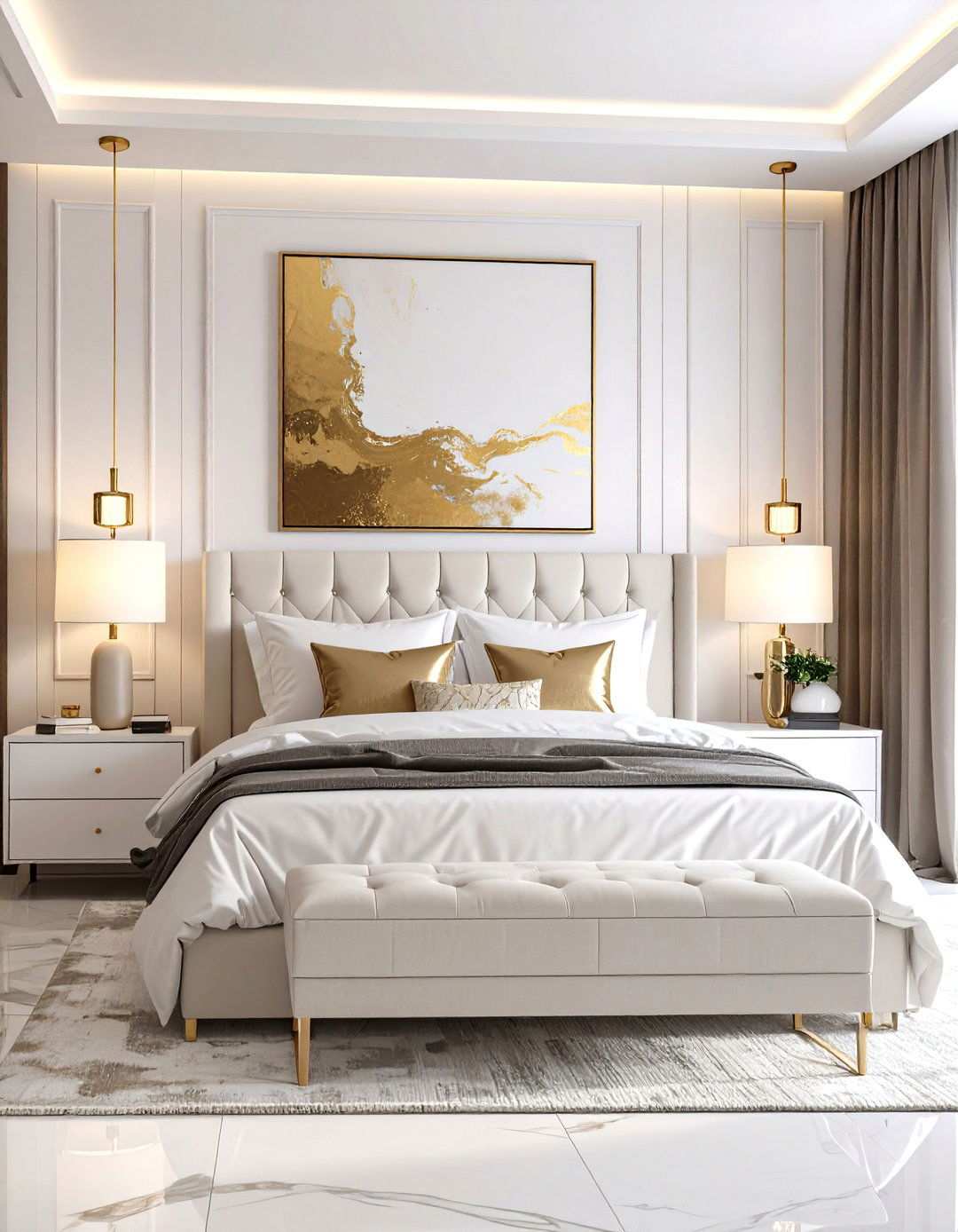 Modern White Bedroom with Abstract Gold Artwork - 24 White and Gold Bedroom Ideas