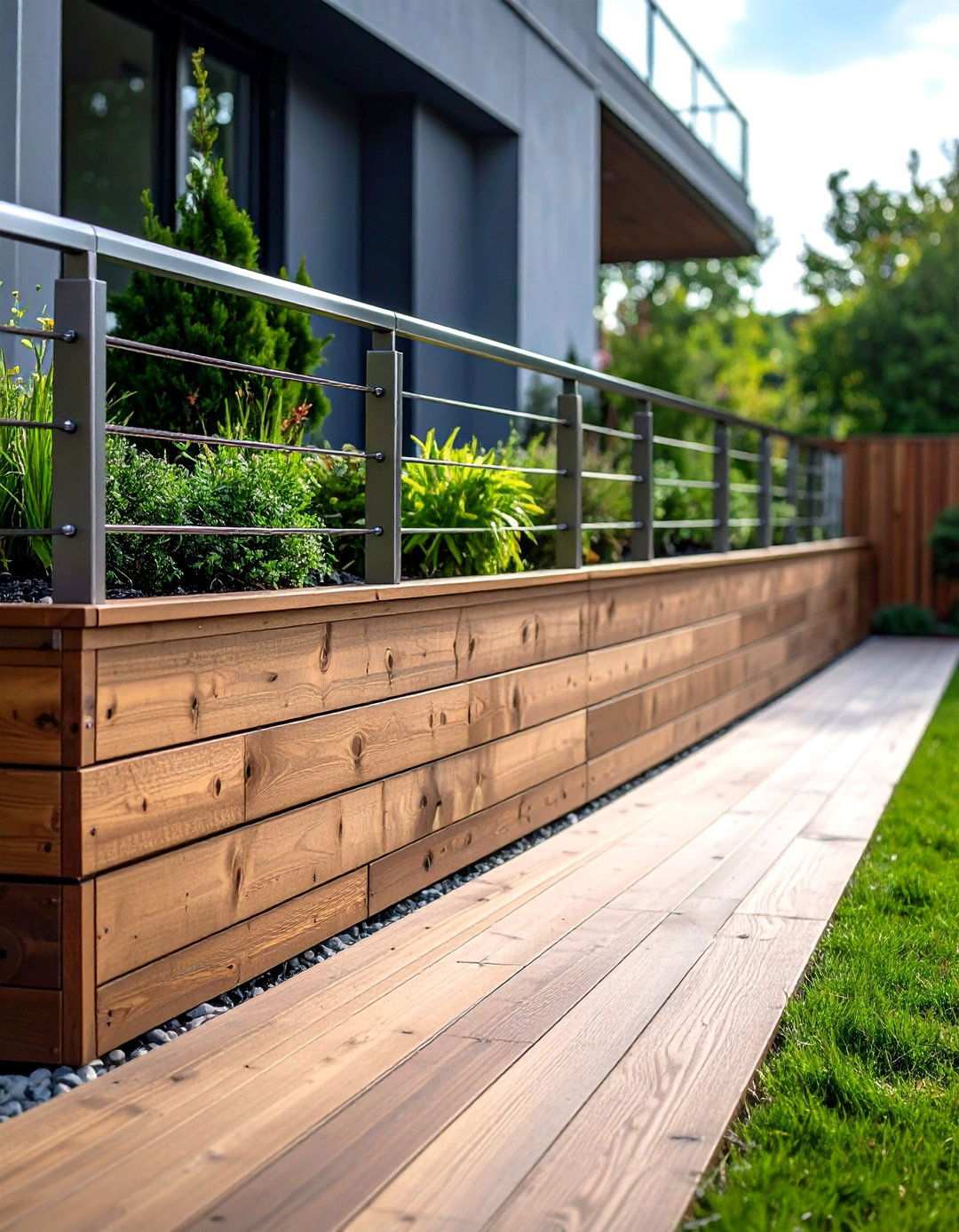 Modern Wood Retaining Wall with Steel Cable Accent - 24 Wood Retaining Wall Ideas