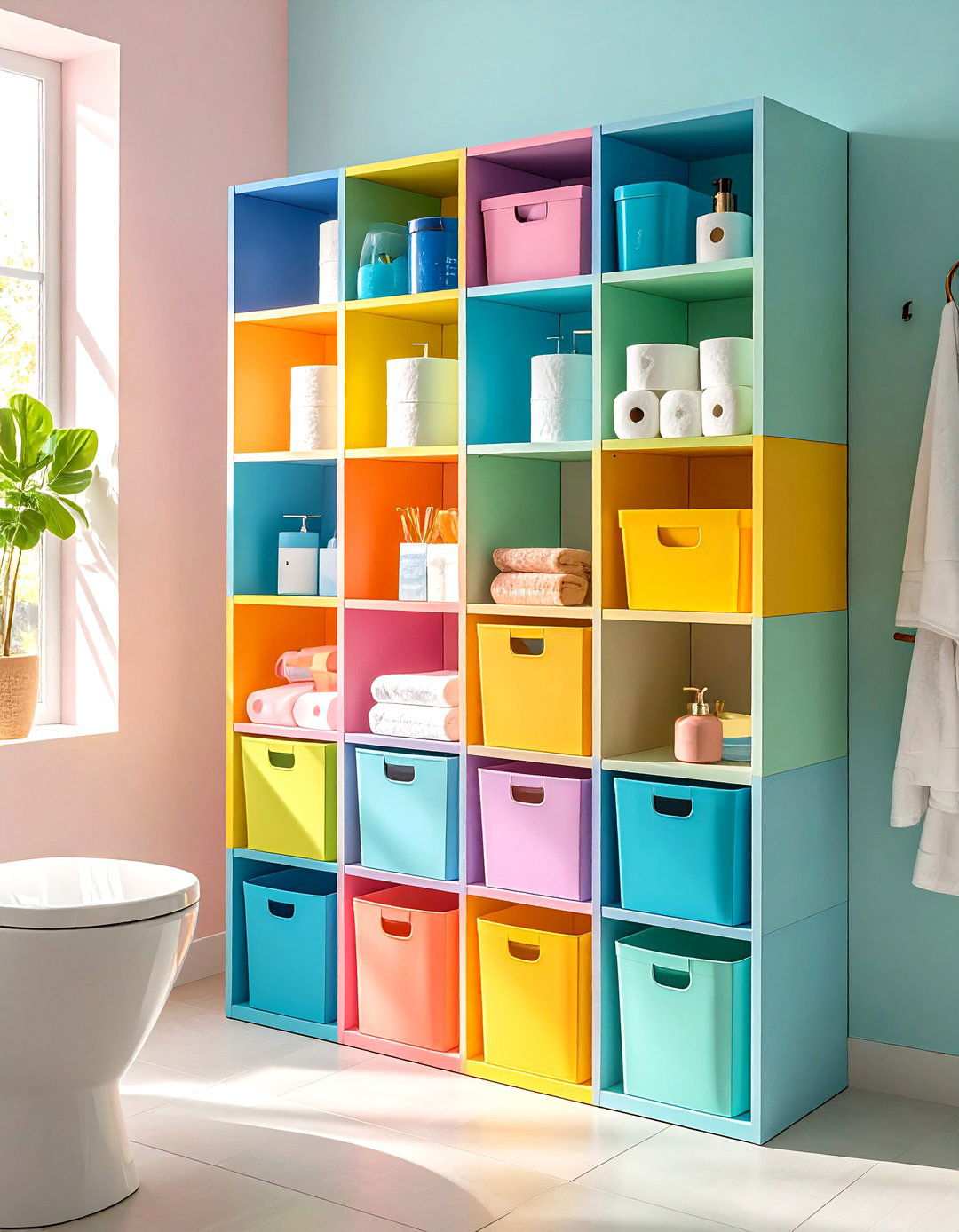 Modular Cube Storage System with Color Coordinated Bins - 24 Toilet Paper Storage Ideas