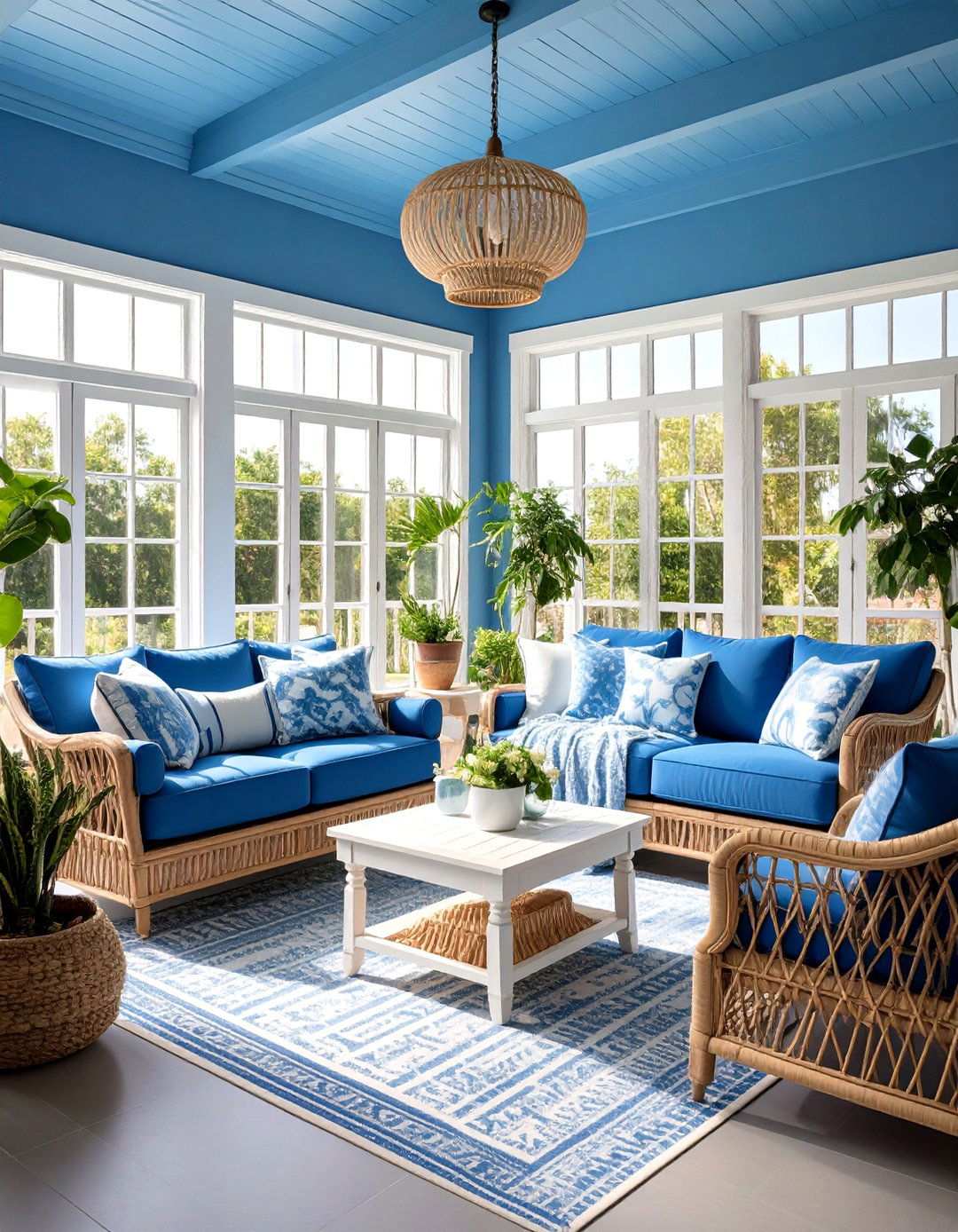 Monochromatic Blue Sunroom with Coastal Depth - 24 Sunroom Color Ideas