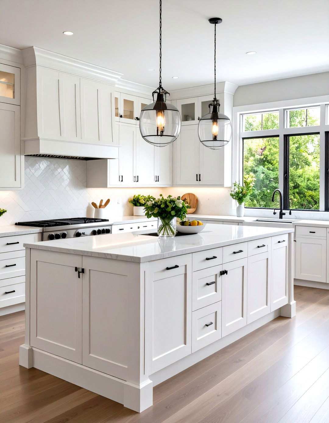 Monochromatic Kitchen with Subtle Black Hardware Accents - 24 White Kitchen Cabinets With Black Hardware