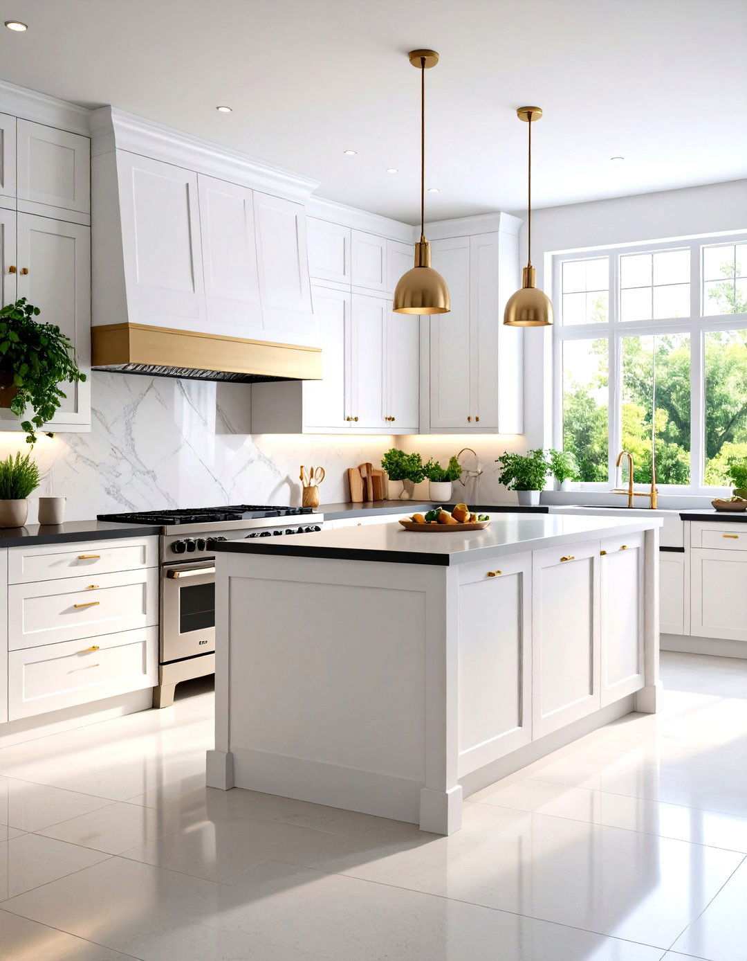 Monochromatic Kitchen with Textural Elements - 24 white kitchen with black countertops ideas