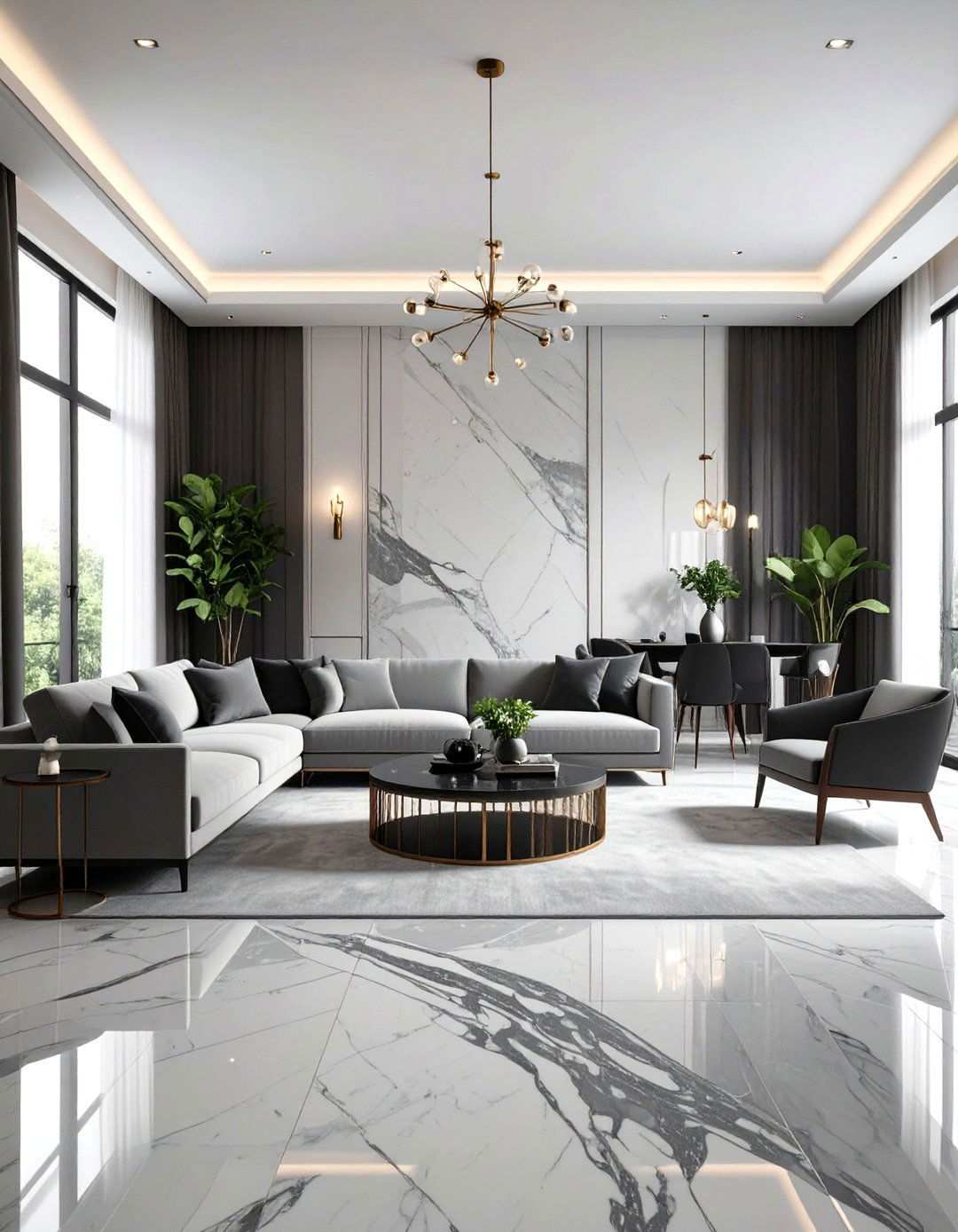 Monochromatic Marble Serenity - 24 Marble Floor Living Room Ideas