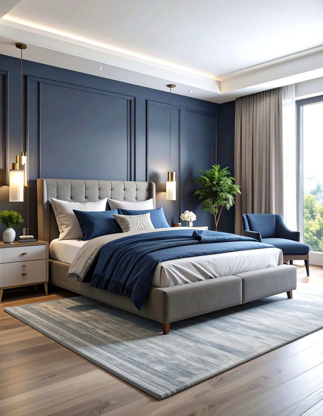 Monochromatic Navy and Grey Layers - 24 Navy Blue and Grey Bedroom Ideas