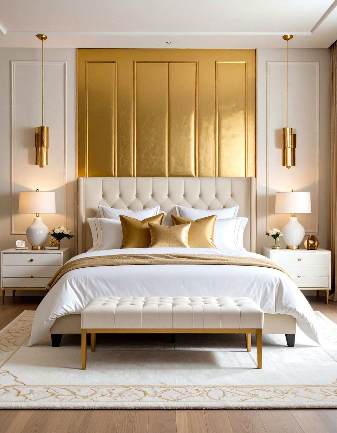 Monochromatic White Bedroom with Gold Accent Wall - 24 White and Gold Bedroom Ideas