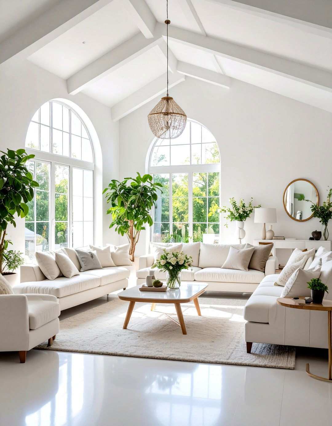 Monochromatic White Color Scheme - 24 Open Concept Vaulted Ceiling Living Room Ideas
