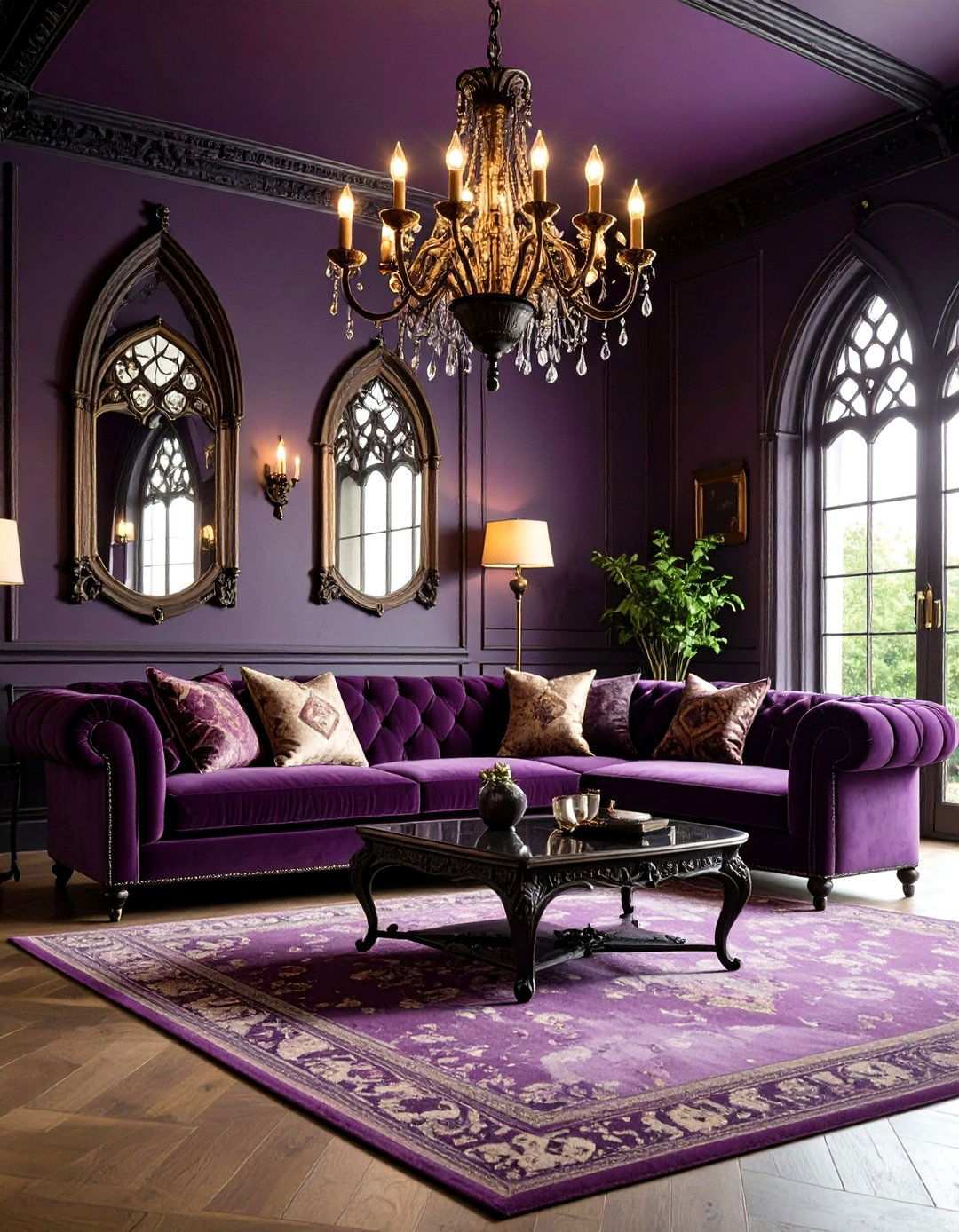 Moody Plum Living Room with Gothic Revival Details - 24 Moody Living Room Ideas