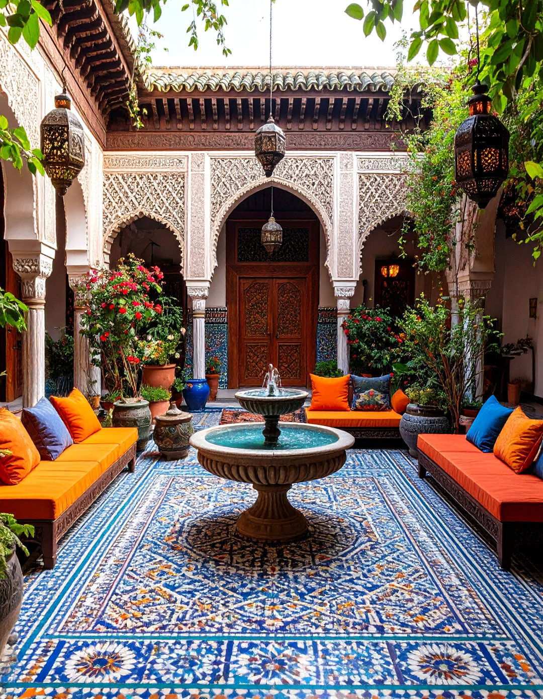 Moroccan Inspired Courtyard with Colorful Tiles and Textiles - 24 Outdoor Living Space Ideas