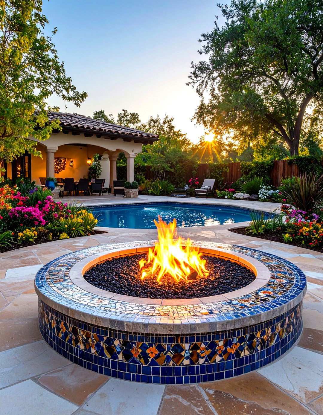 Mosaic Tile and Stone Fire Feature - 24 Stone Fire Pit Ideas