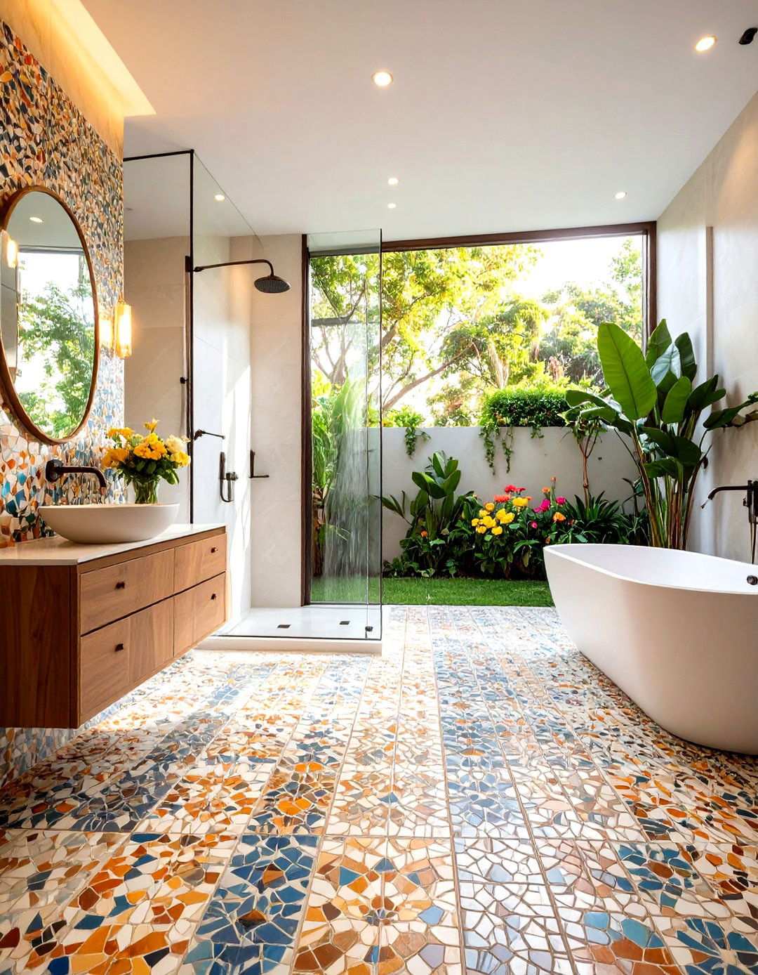 Mosaic Tile Feature Floor Design - 24 Small Bathroom Walk in Shower Ideas