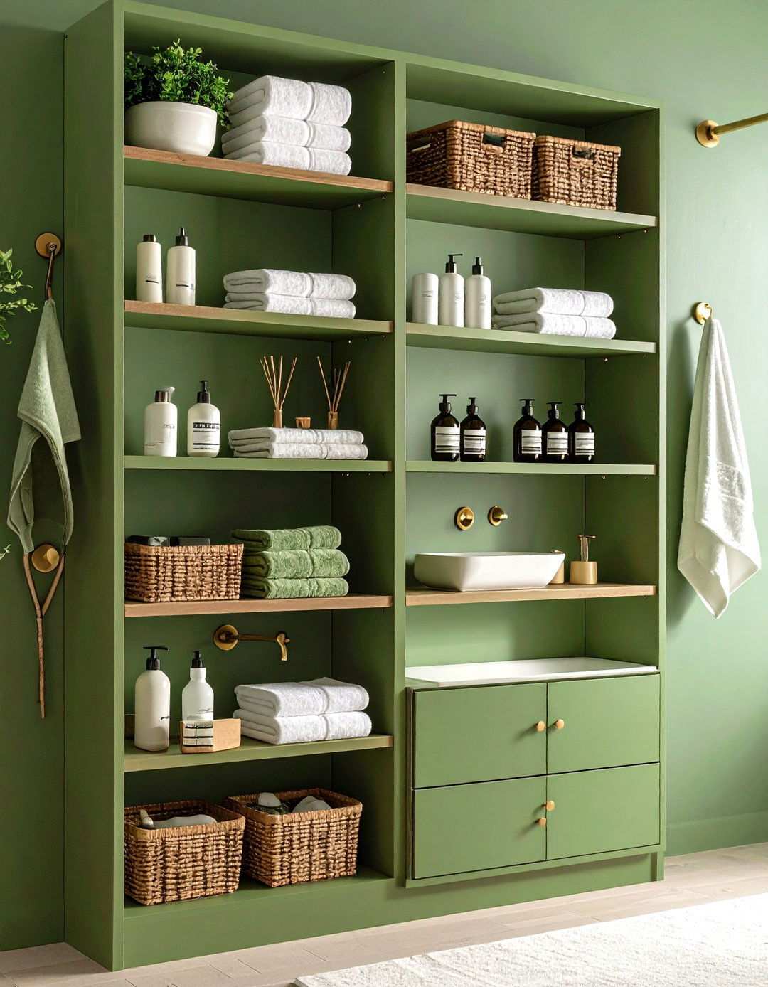 Moss Green Built in Shelving - 24 Small Green Bathroom Ideas