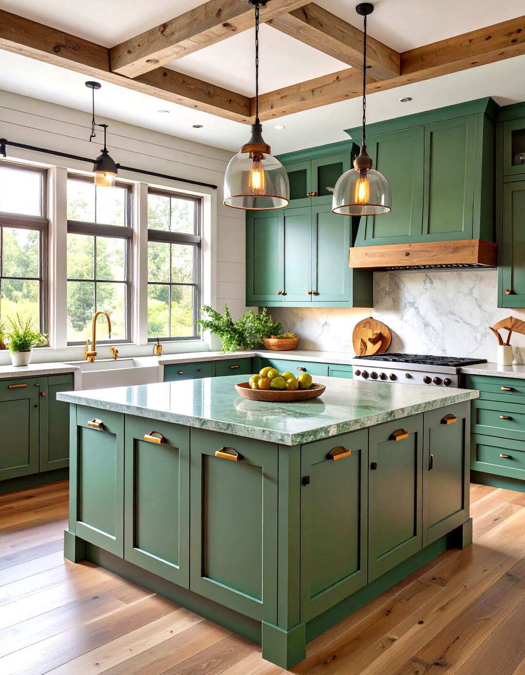 Moss Green Quartzite Modern Farmhouse Kitchen - 24 Kitchen With Green Countertops Ideas
