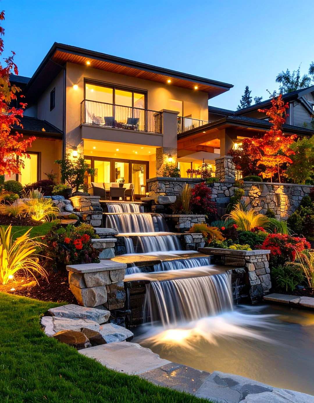 Multi Level Deck with Waterfall - 24 Tropical Backyard Ideas