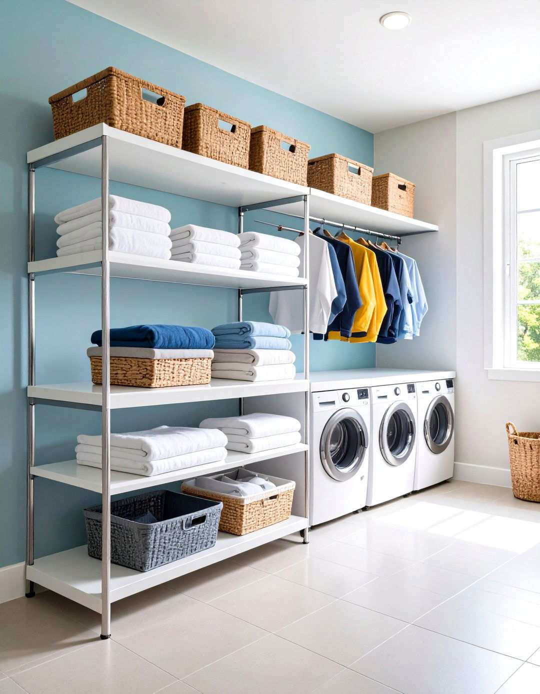 Multi Level Hanging Rod and Shelf Combinations - 24 Laundry Room Shelving Ideas