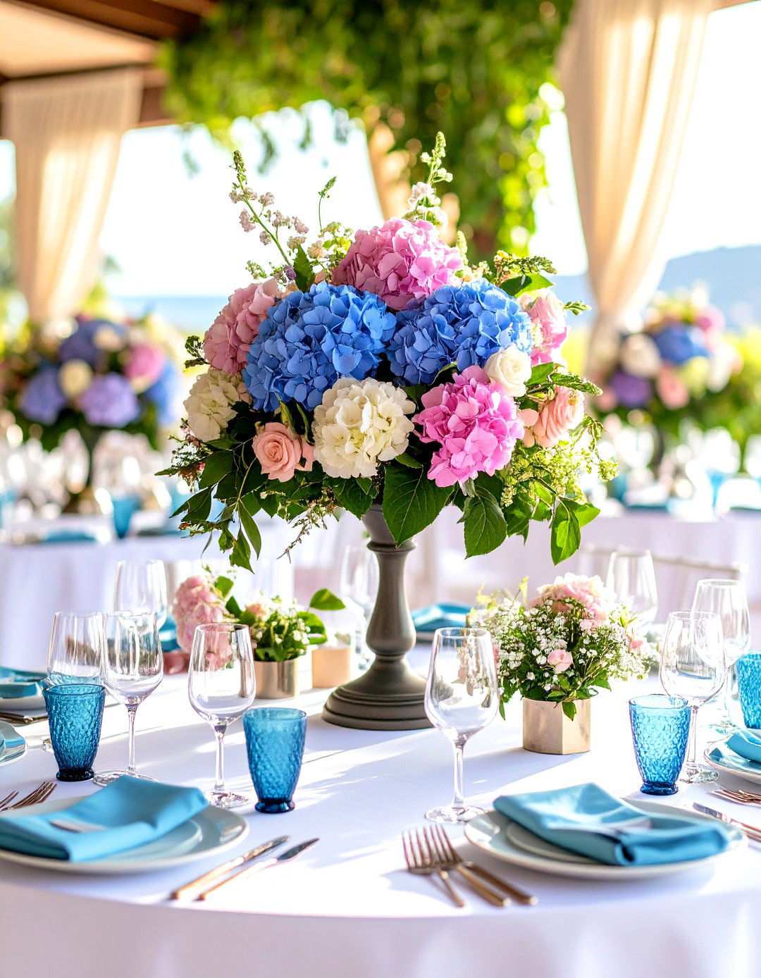 Multi Level Hydrangea Tiered Centerpieces - 24 Hydrangea Centerpiece Ideas