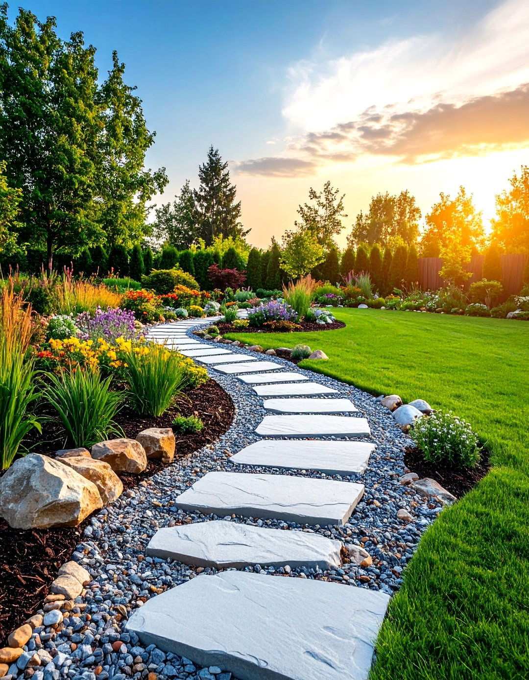 Multi Level Mulch Edging with Graduated Stone Heights - 24 Mulch Edging Ideas