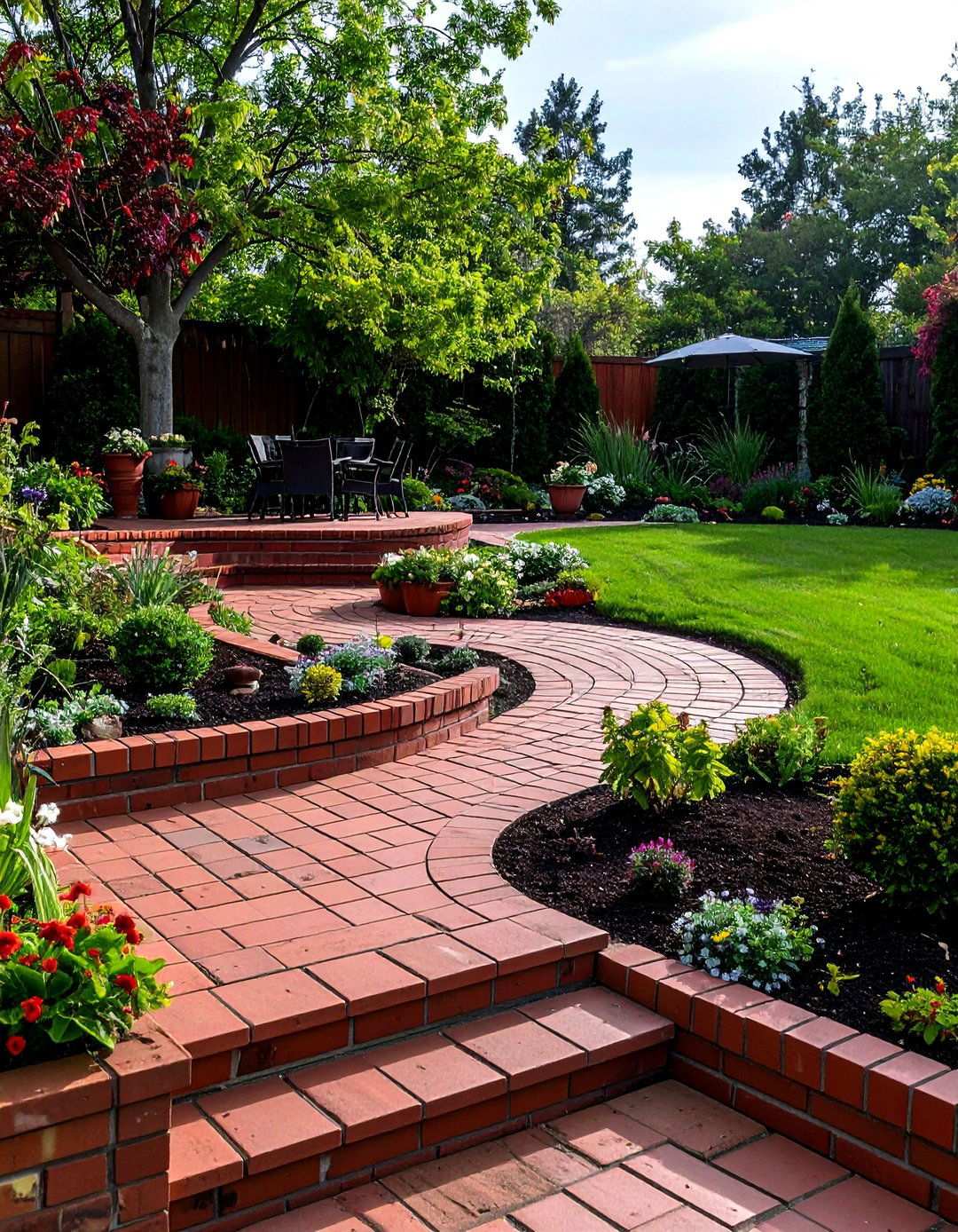 Multi Level Red Brick Terraced Garden - 24 Red Paver Patio Ideas