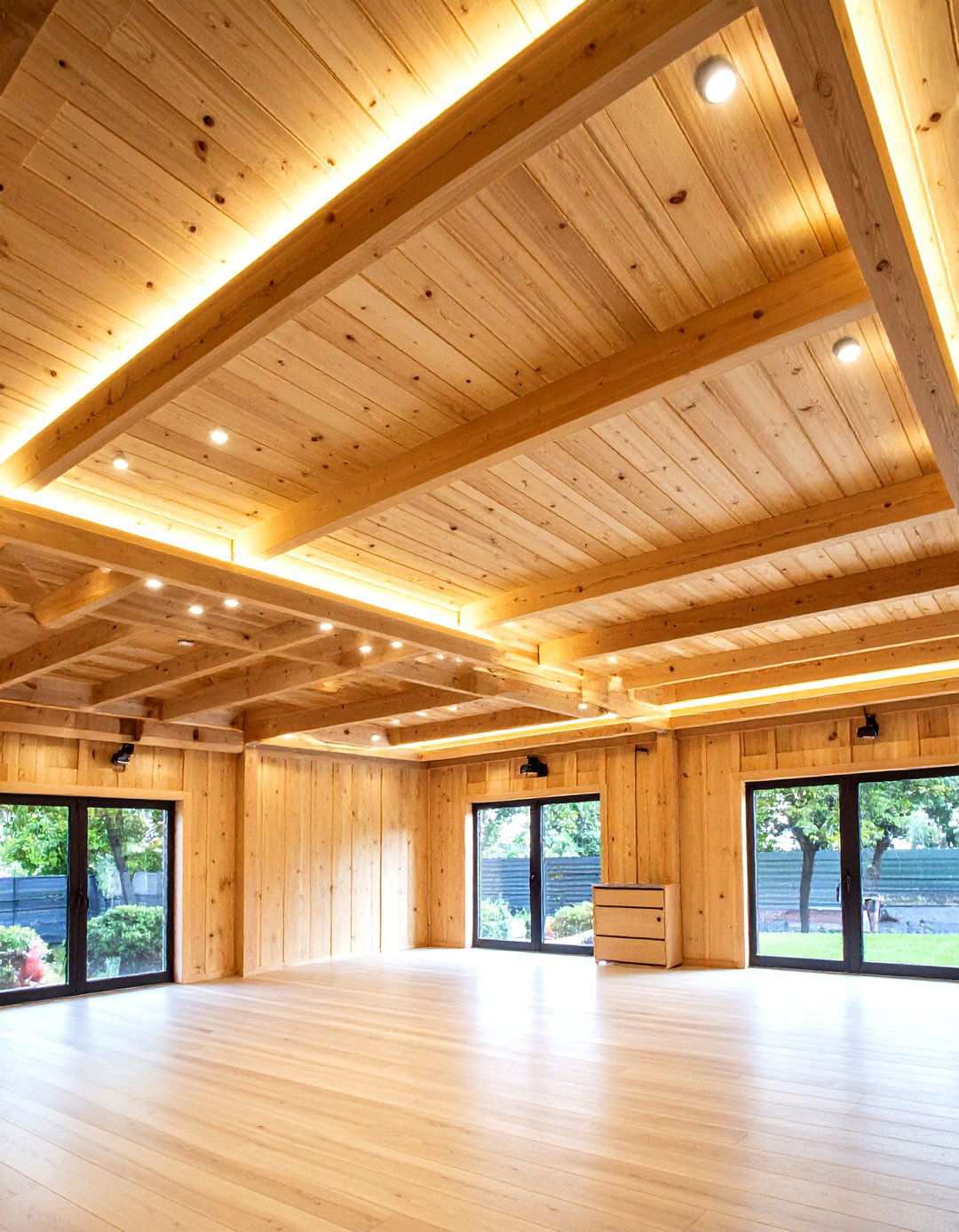 Multi Level Stepped Ceiling with Geometric Wood Design - 24 Shed Ceiling Ideas