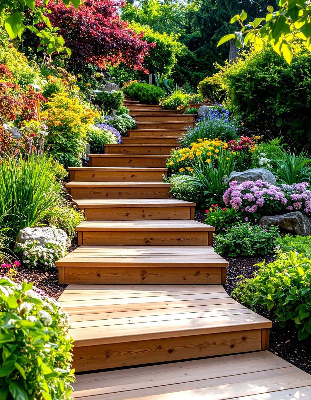 Multi Level Terraced Wooden Steps - 24 Wooden Walkway Ideas