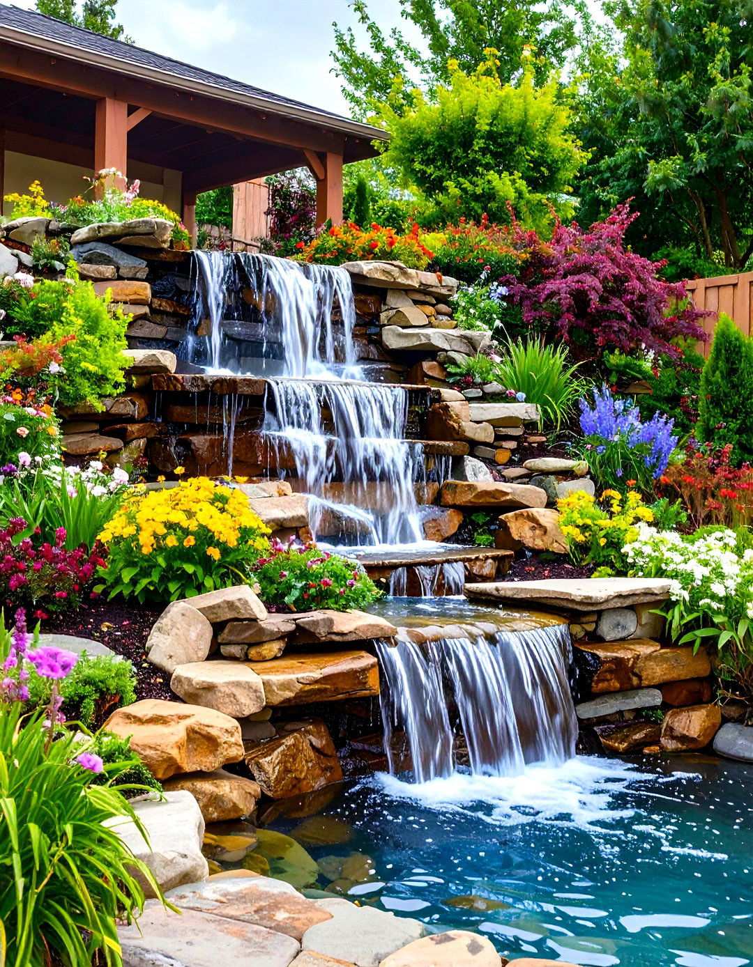 Multi Tiered Rock Formation Waterfall - 24 Pondless Waterfall Design Ideas
