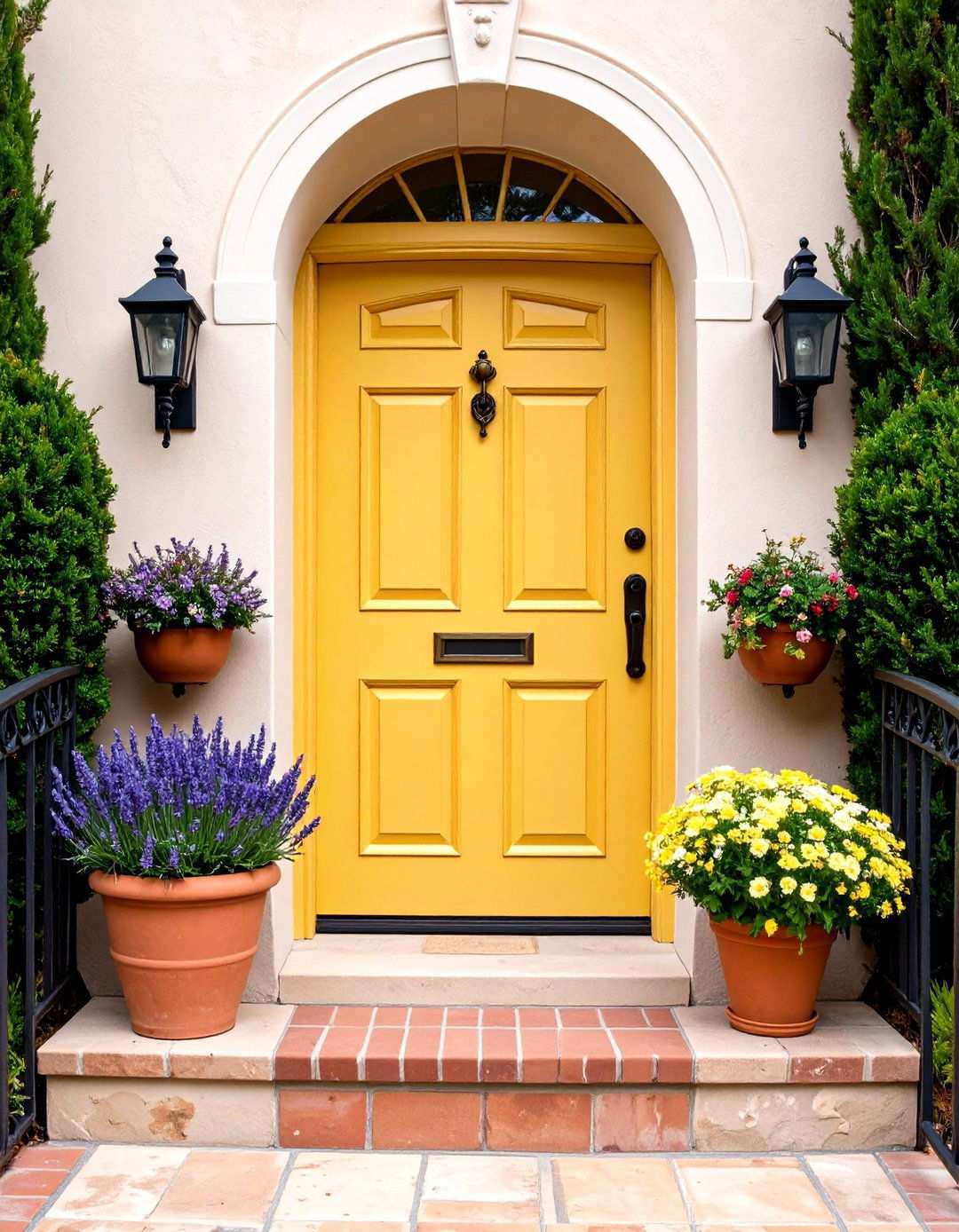 Mustard Yellow Arched Door with Mediterranean Styling - 24 Mustard Yellow Front Door Ideas