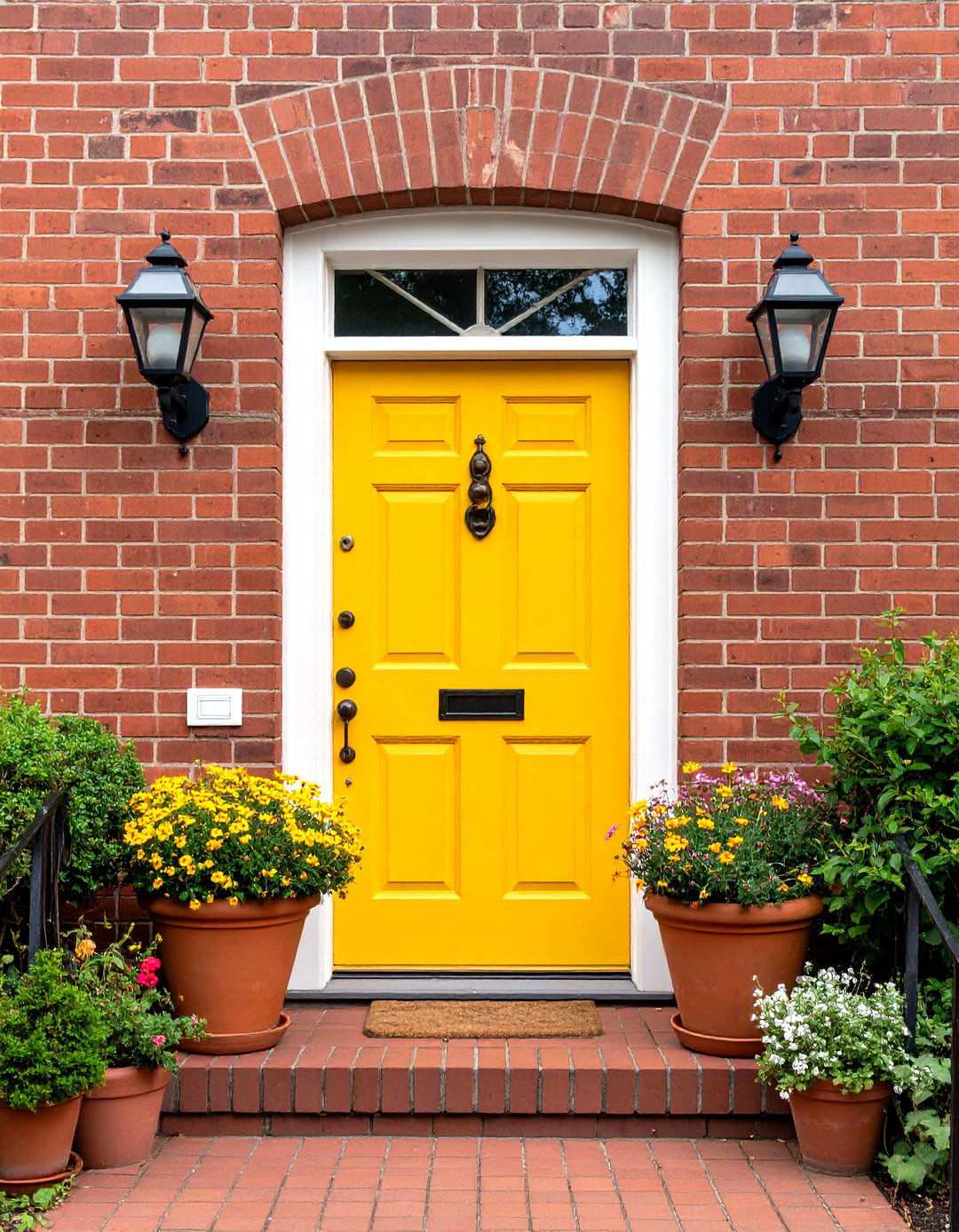 Mustard Yellow Door with Brick Exterior and Copper Accents - 24 Mustard Yellow Front Door Ideas