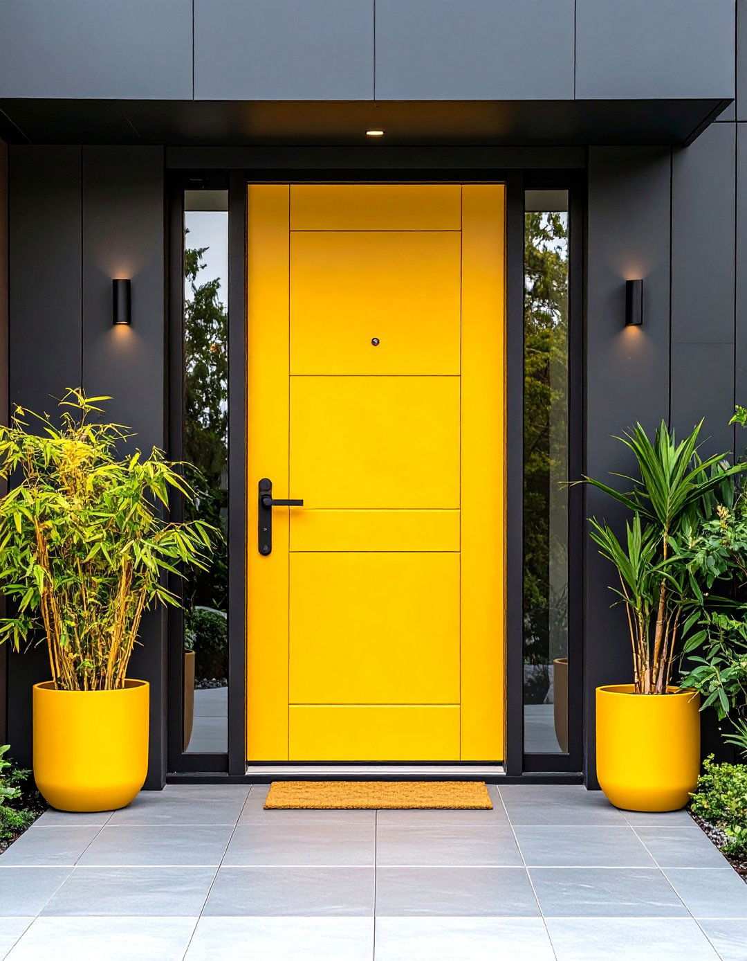 Mustard Yellow Door with Contemporary Glass Sidelights - 24 Mustard Yellow Front Door Ideas