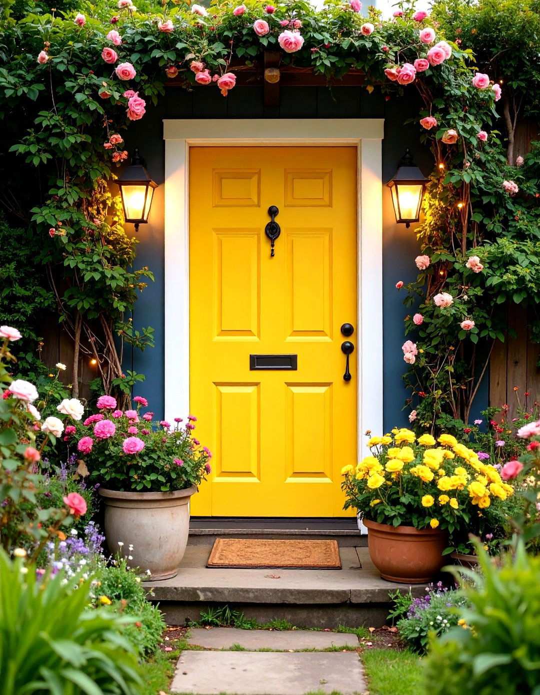 Mustard Yellow Door with Cottage Garden Surroundings - 24 Mustard Yellow Front Door Ideas