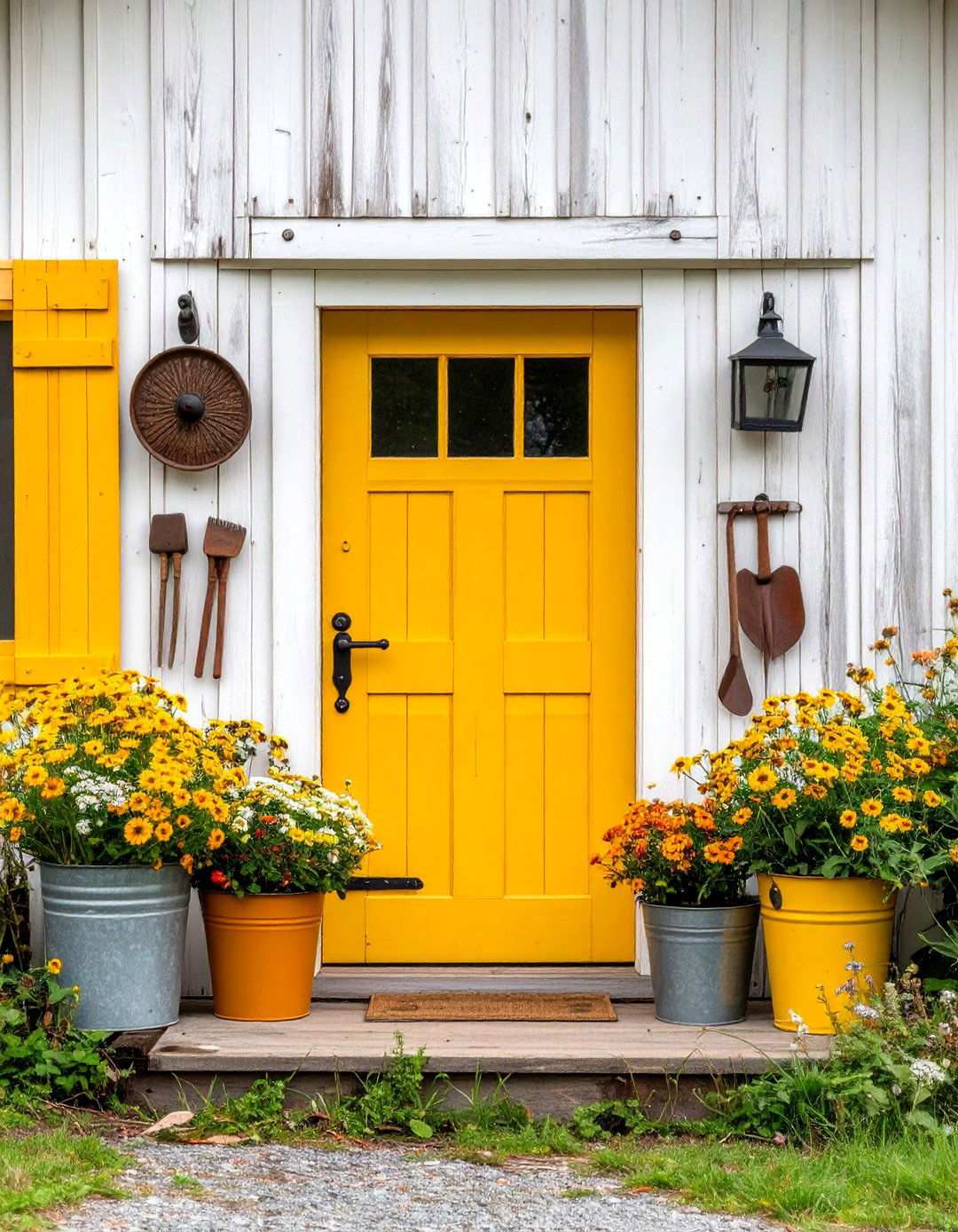 Mustard Yellow Door with Rustic Barn Inspired Elements - 24 Mustard Yellow Front Door Ideas