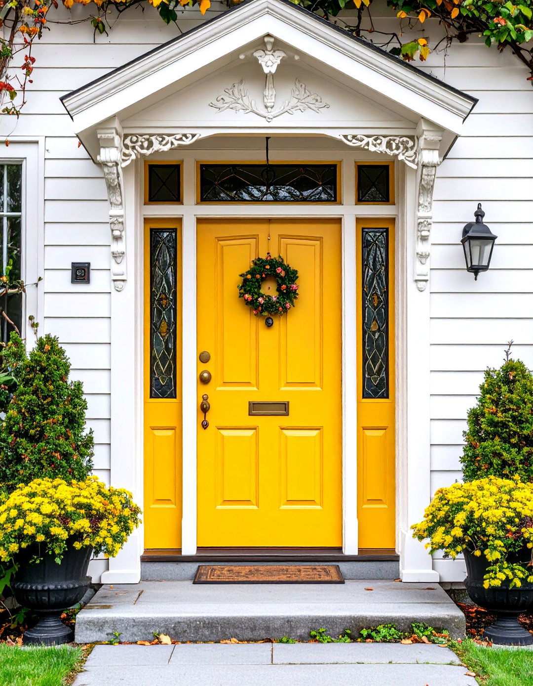 Mustard Yellow Door with Victorian Gothic Details - 24 Mustard Yellow Front Door Ideas