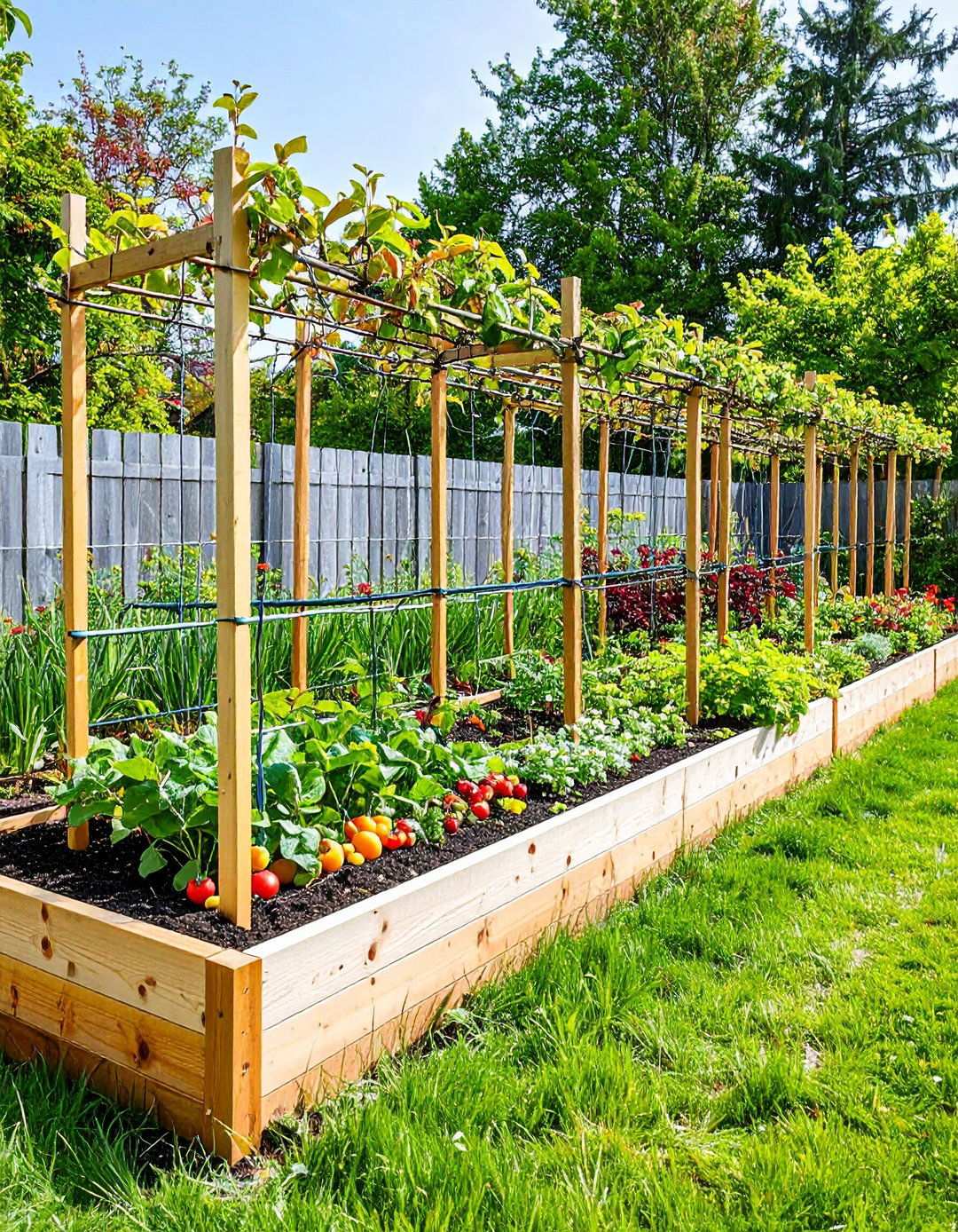 Narrow Raised Bed with Espaliered Fruit Tree Support - 24 Raised Garden Bed Along Fence Ideas