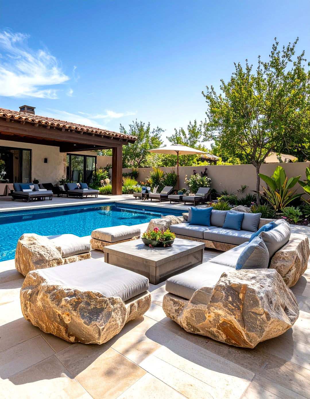 Natural Boulder Seating Arrangement Paradise - 24 Tropical Pool Landscaping Ideas