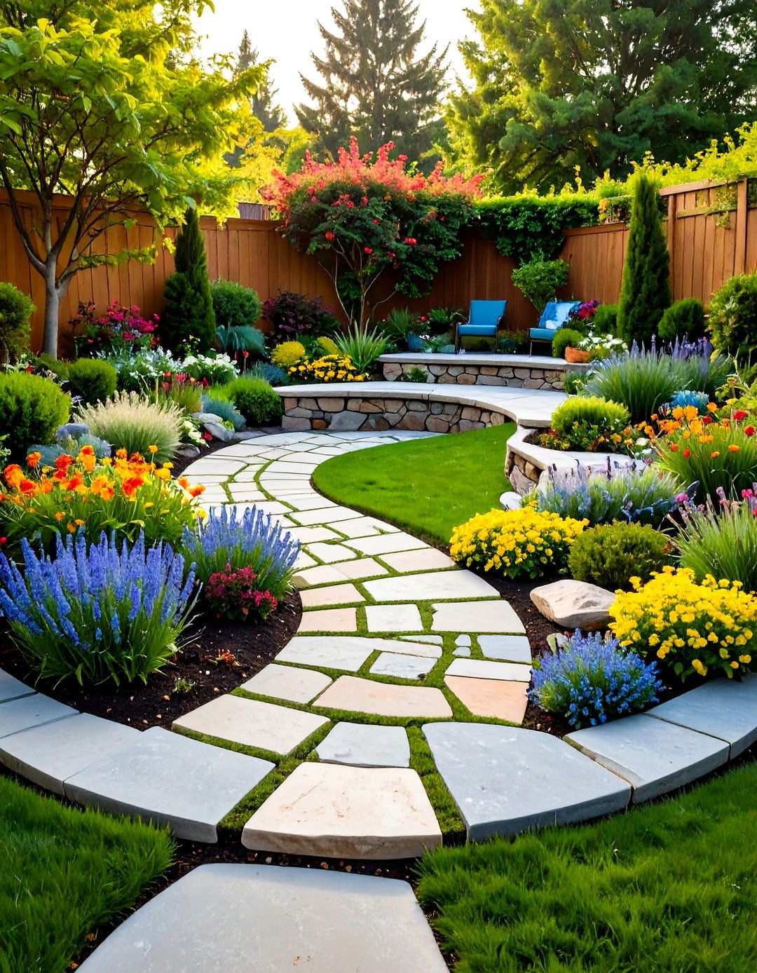 Natural Flagstone Semi Circle Patio with Garden Integration - 24 Semi Circle Patio Ideas and Inspiration