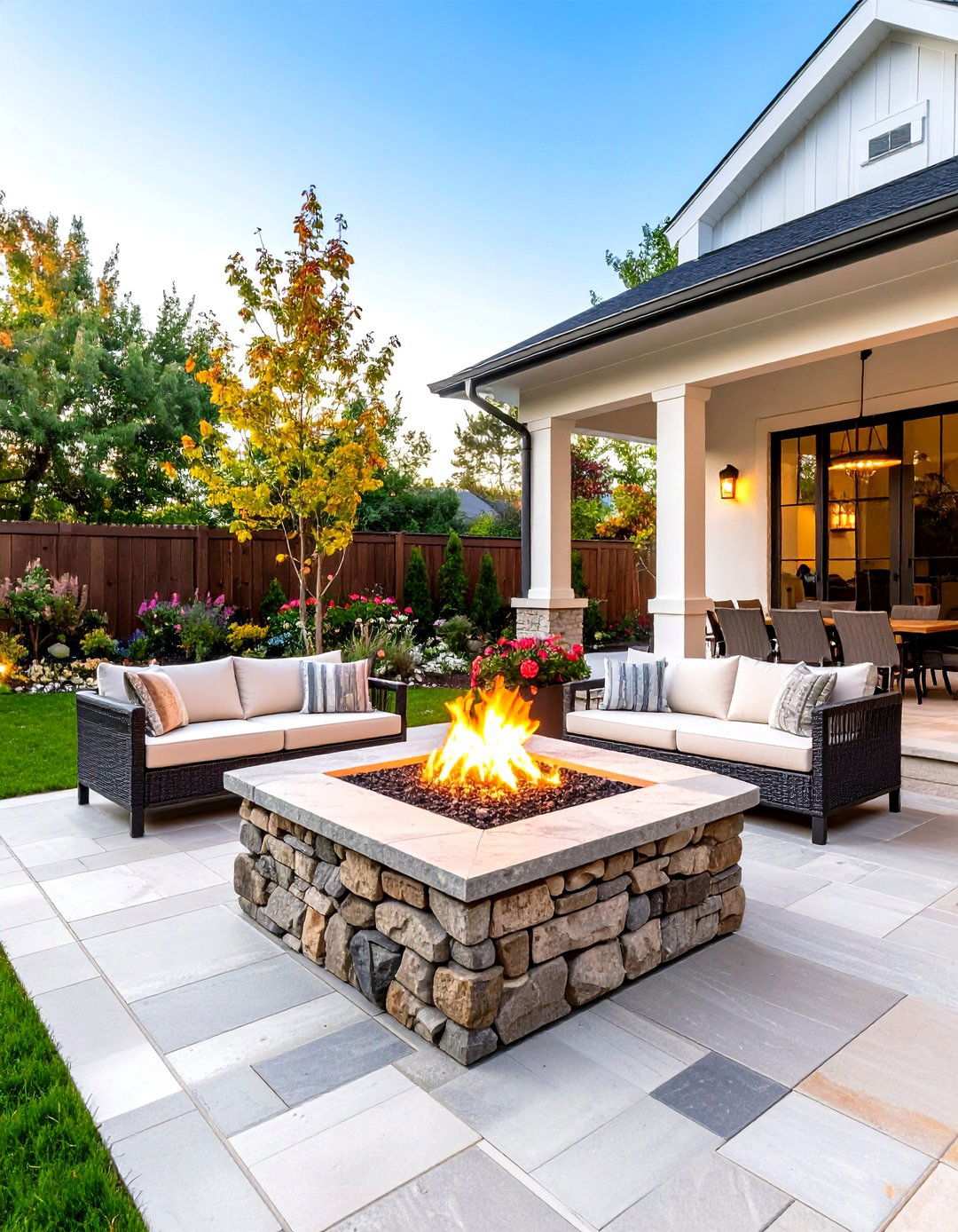Natural Flagstone with Raised Fire Pit - 24 Stone Patio With a Fire Pit Ideas