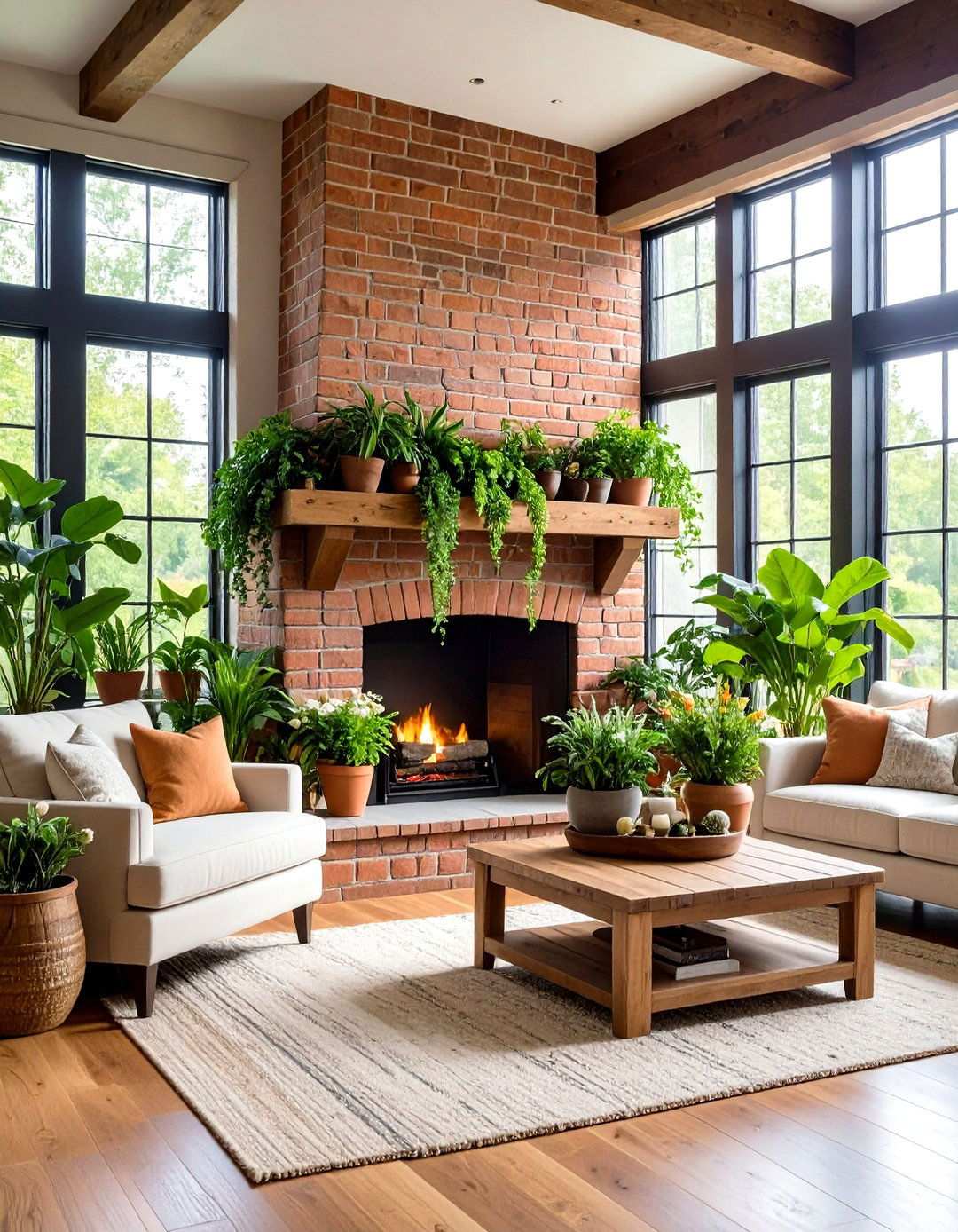 Natural Greenery Integration - 24 Rustic Living Room With a Brick Fireplace Ideas