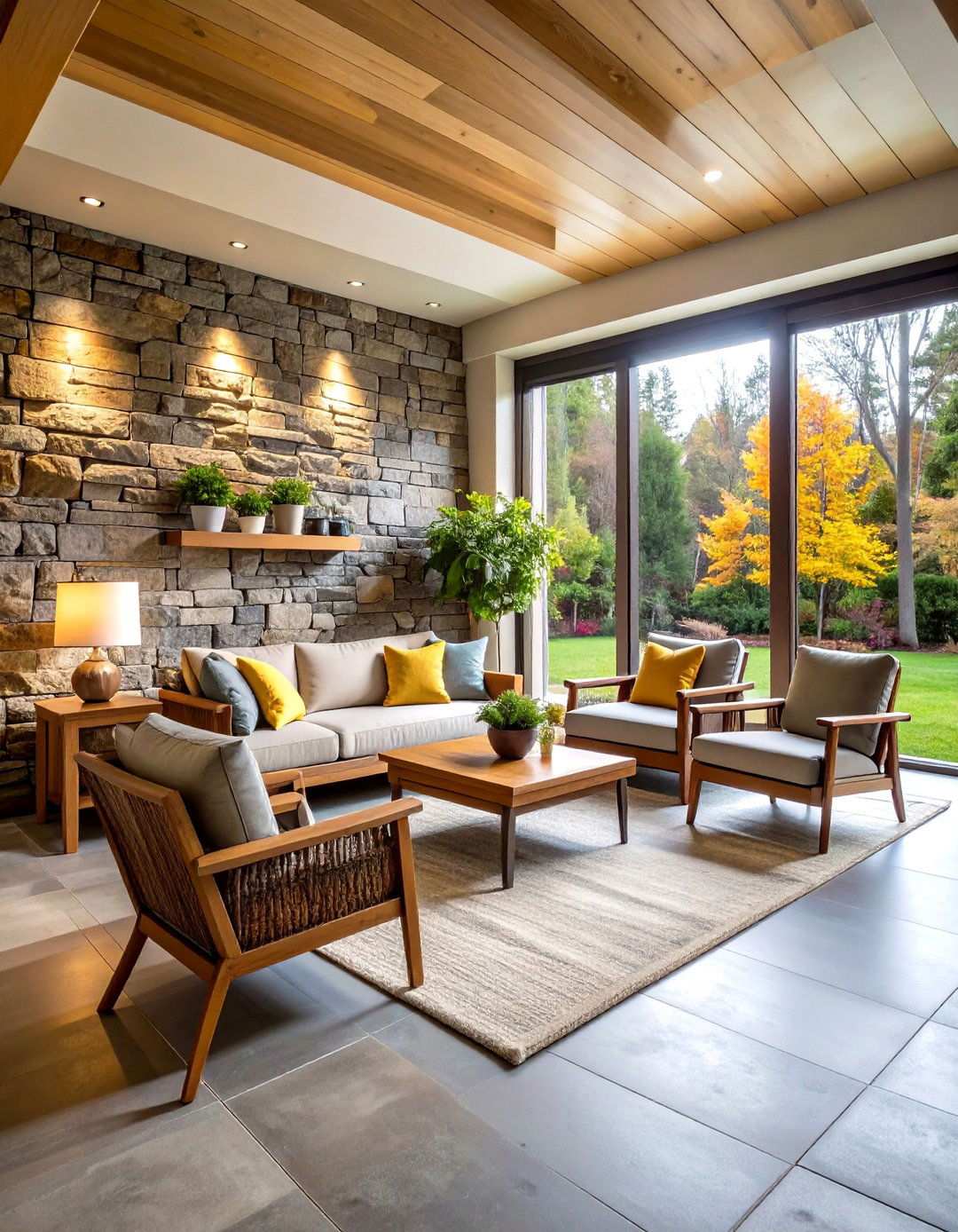 Natural Stone Accent Wall Sunroom - 24 Mid-century Modern Sunroom Ideas