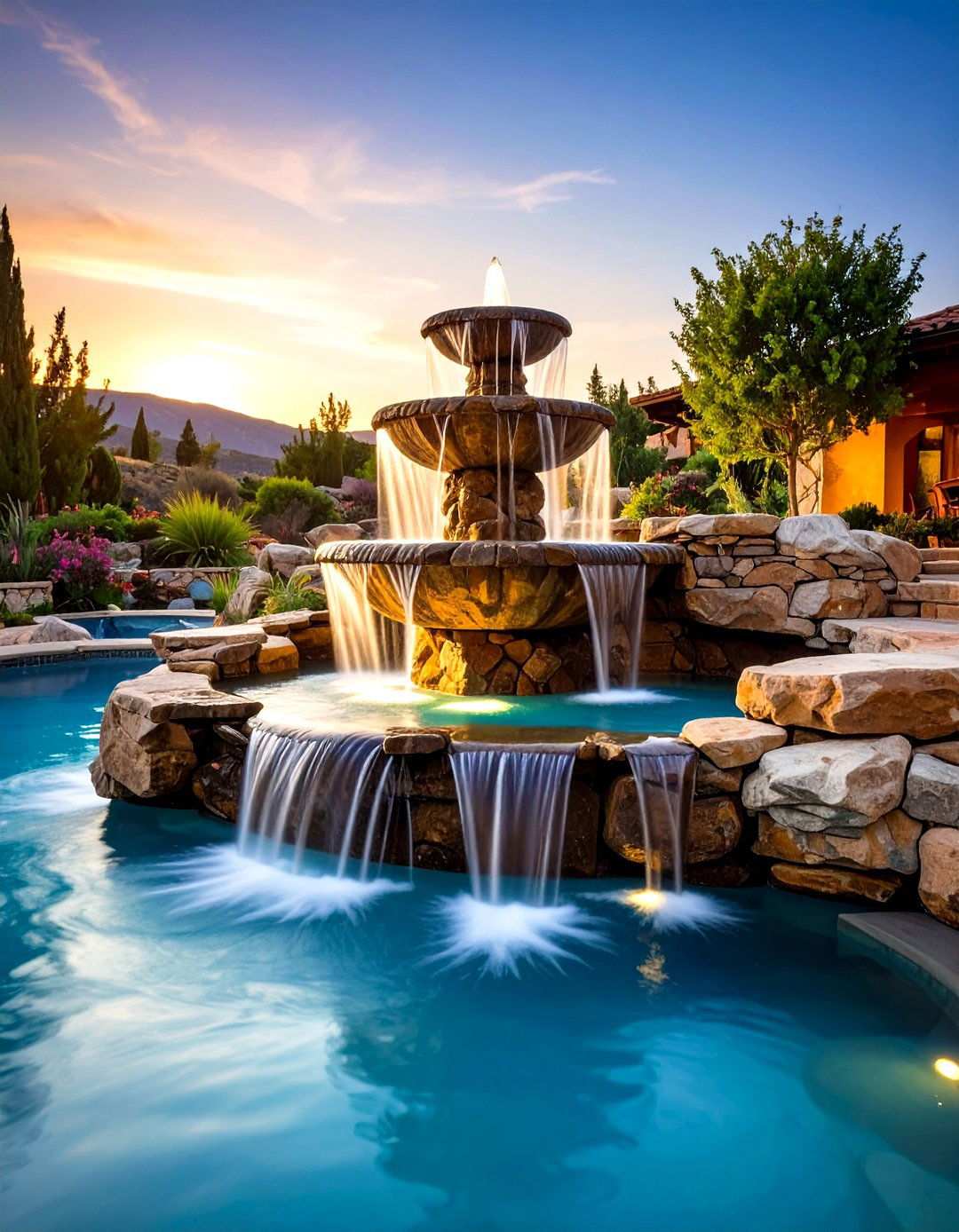 Natural Stone Cascade Fountains - 24 Pool Fountain Ideas