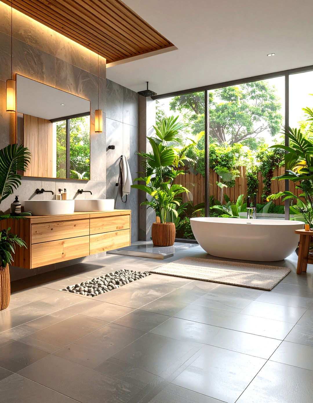 Natural Stone Floor Bathroom with Heated Elements - 24 Japandi Bathroom Ideas