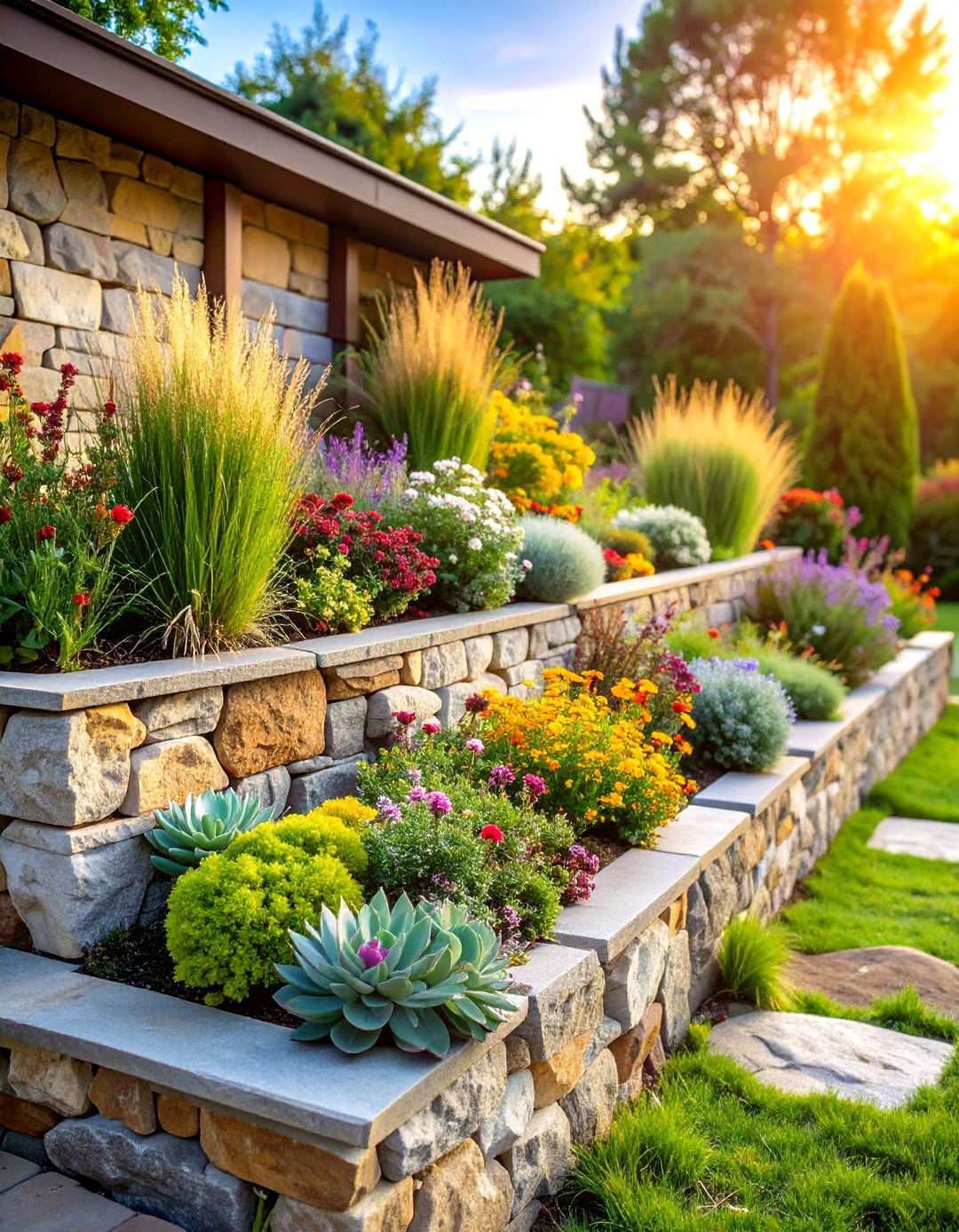 Natural Stone Planter Wall Combination - 24 Natural Rock Retaining Wall Ideas