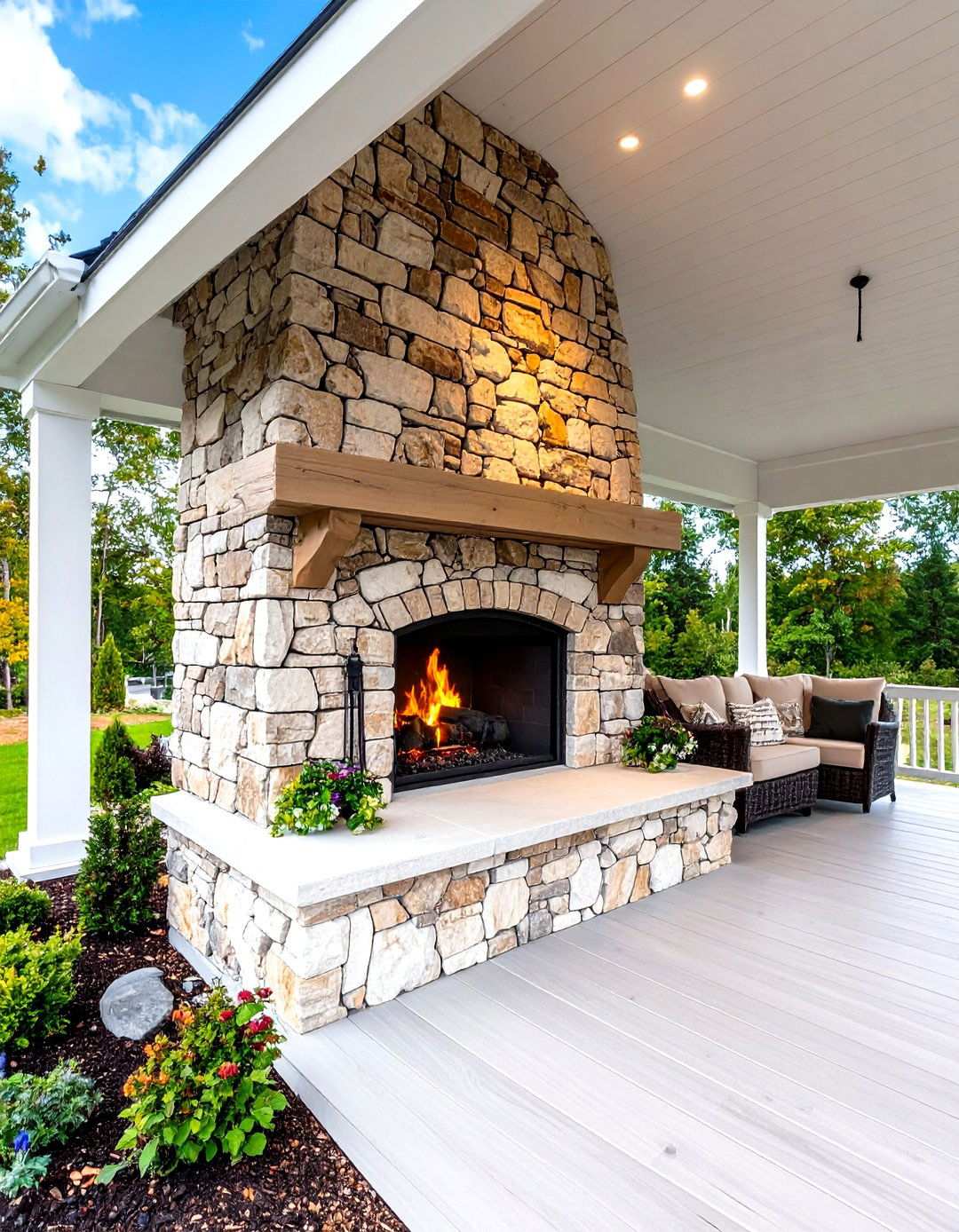 Natural Stone Veneer Fireplace - 24 Porch Fireplace Ideas