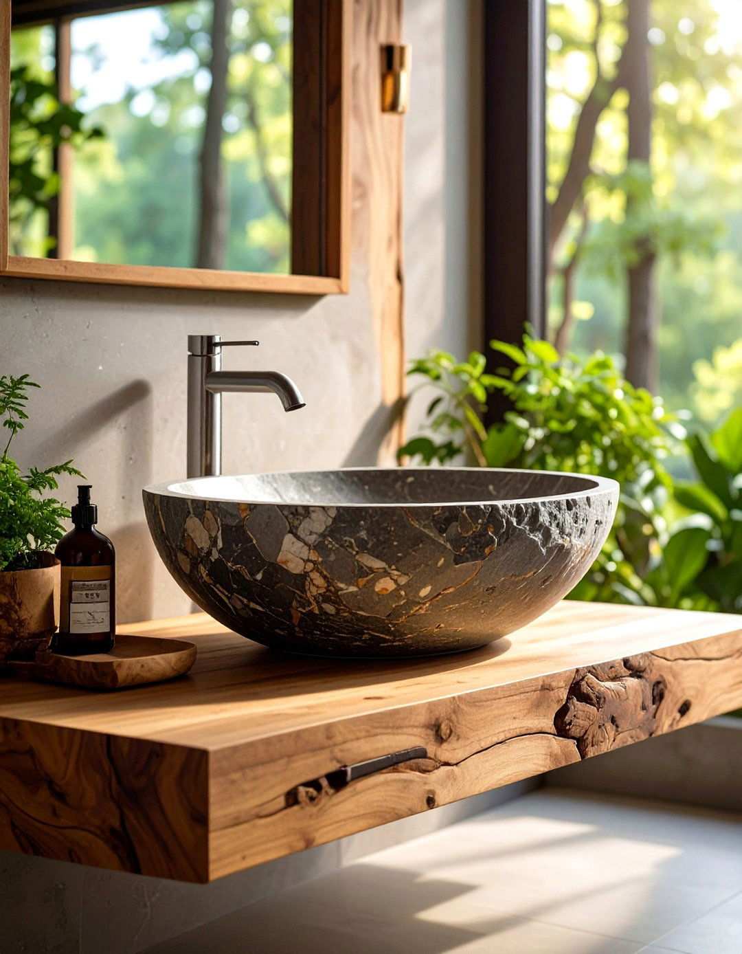 Natural Stone Vessel Sinks - 24 Rustic Bathroom Ideas