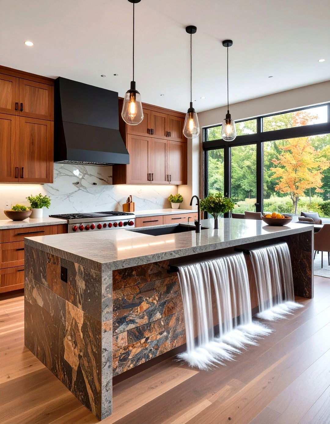Natural Stone Waterfall Island with Textured Finish - 24 Waterfall Kitchen Island Ideas